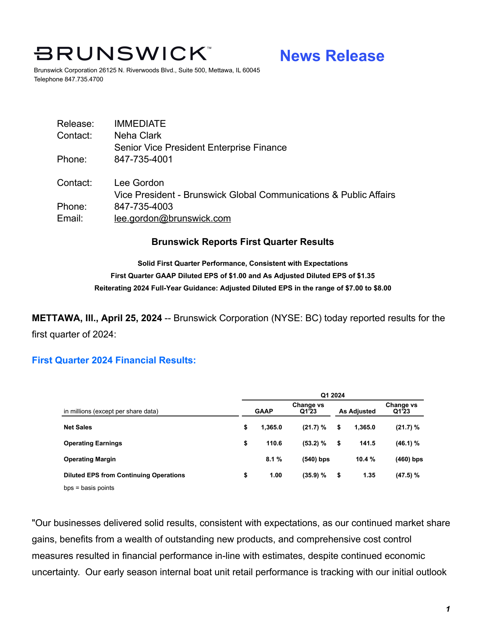 Brunswick's Q1 2024 Press Release