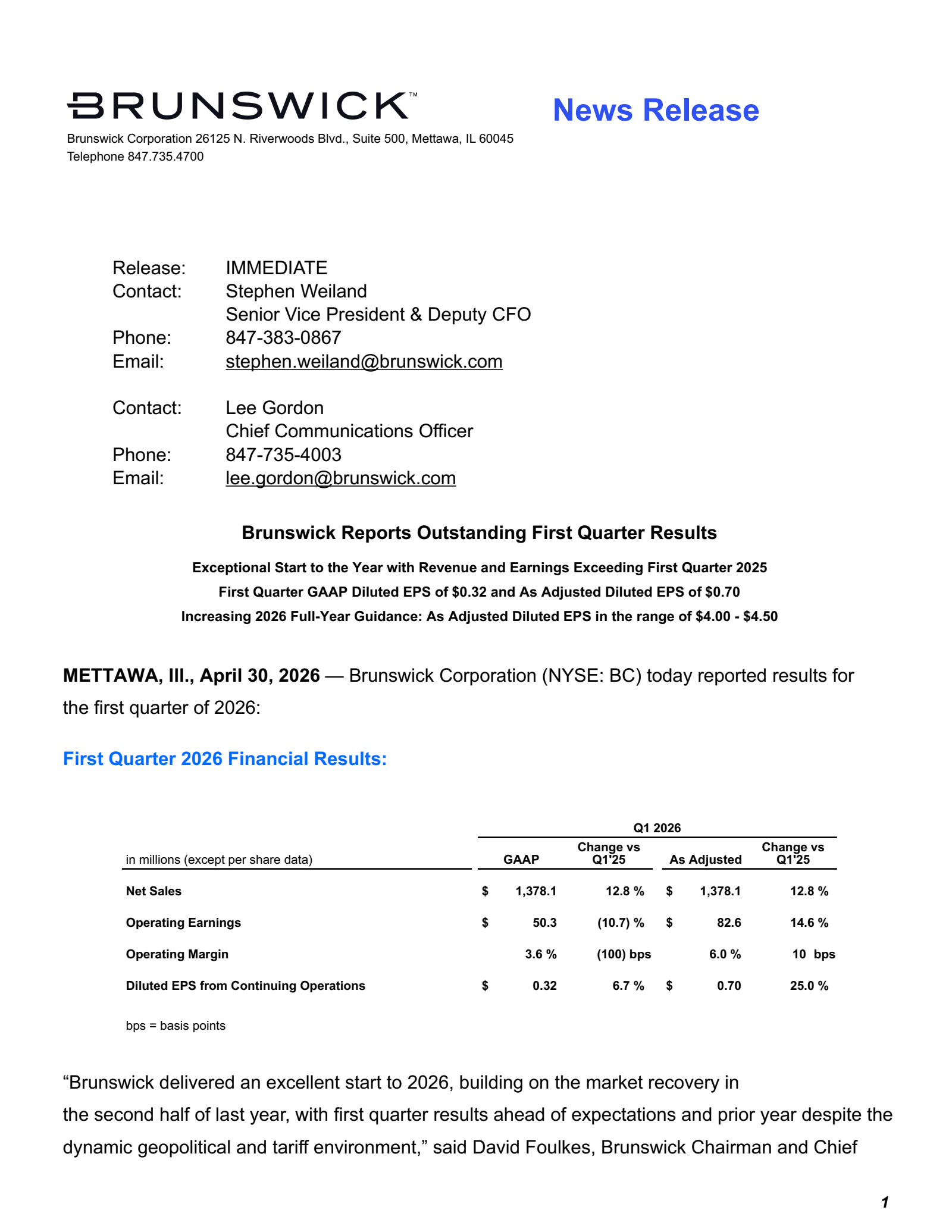 Brunswick's Q1 2026 Press Release