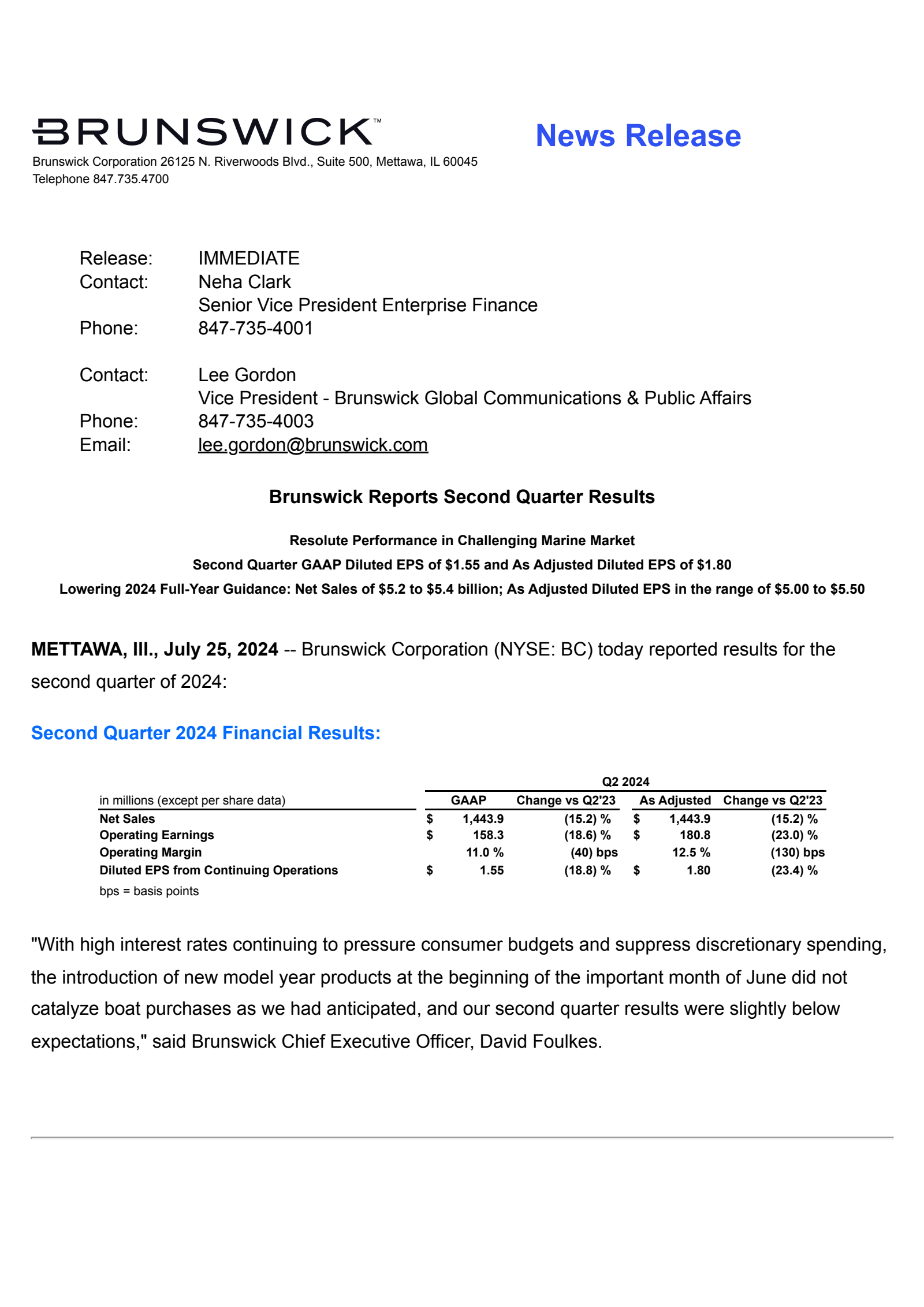 Brunswick's Q2 2024 Press Release