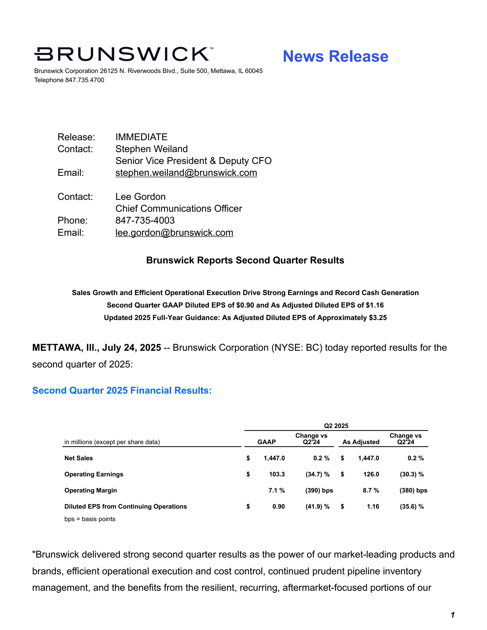 Brunswick's Q2 2025 Press Release