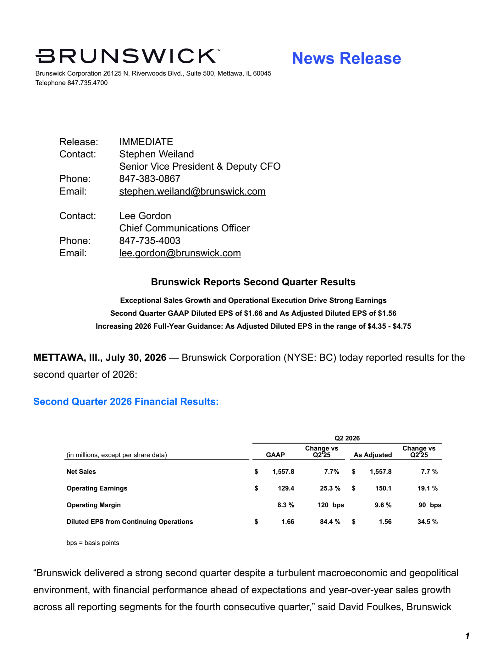 Brunswick's Q2 2026 Press Release