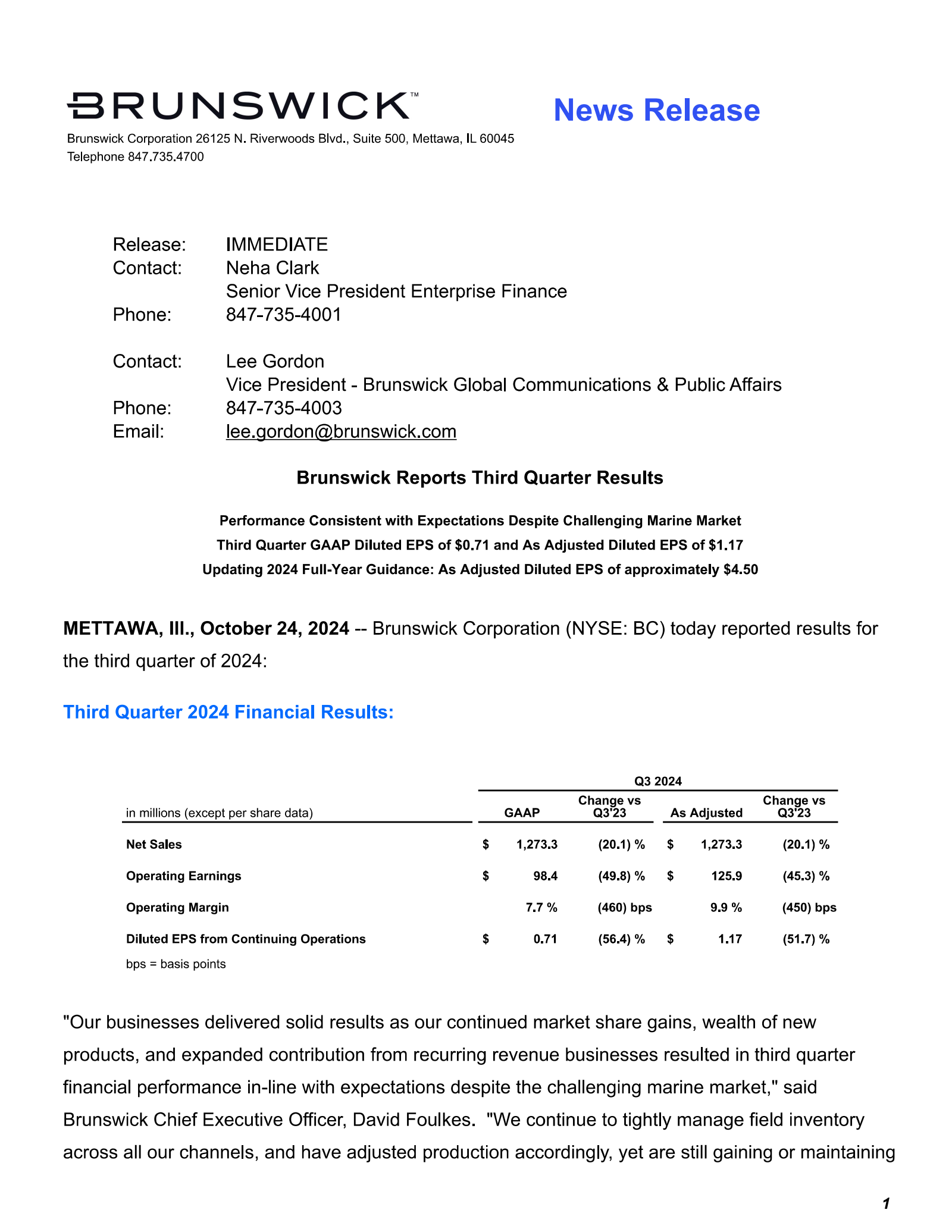 Brunswick's Q3 2024 Press Release