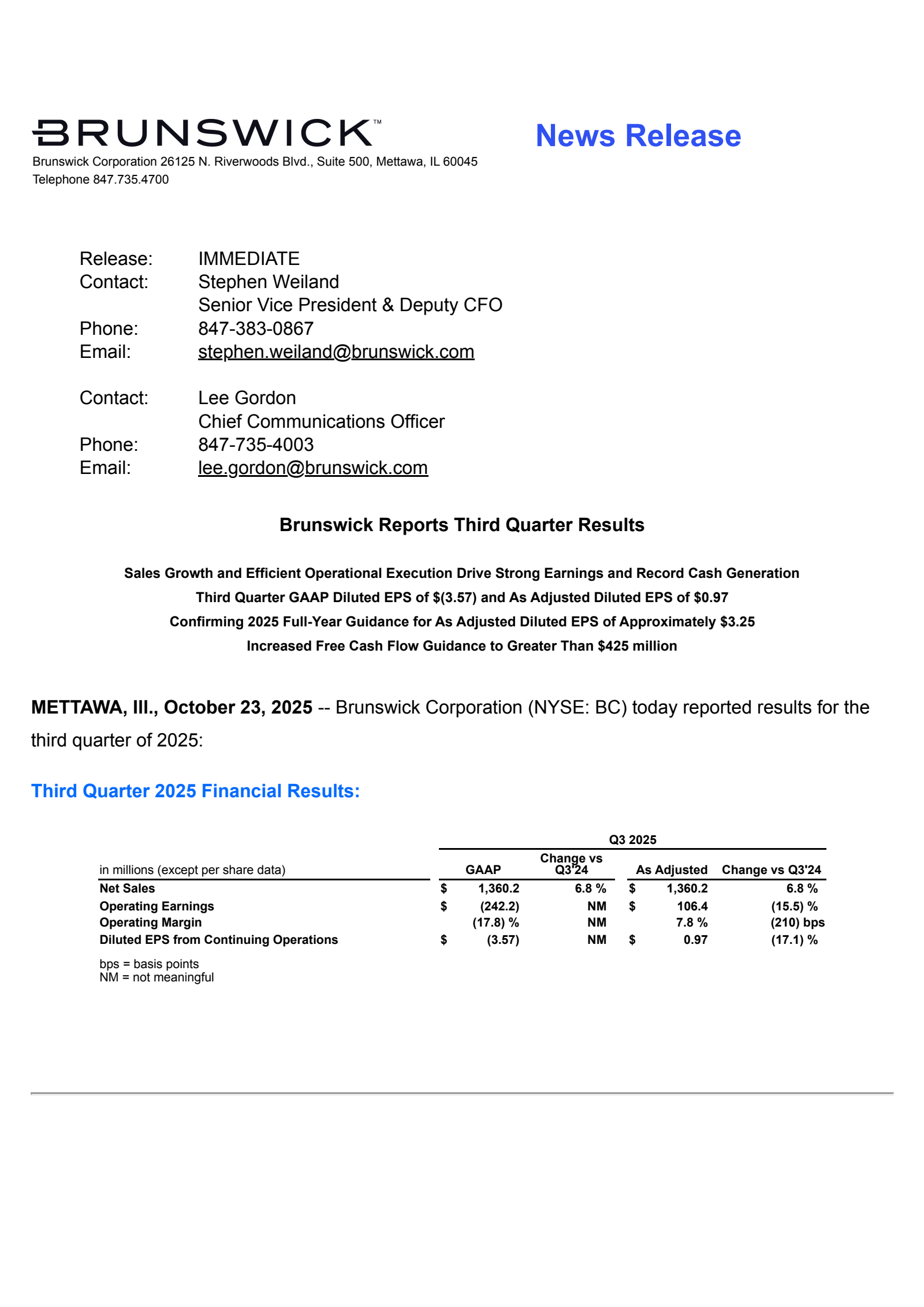Brunswick's Q3 2025 Earnings Release