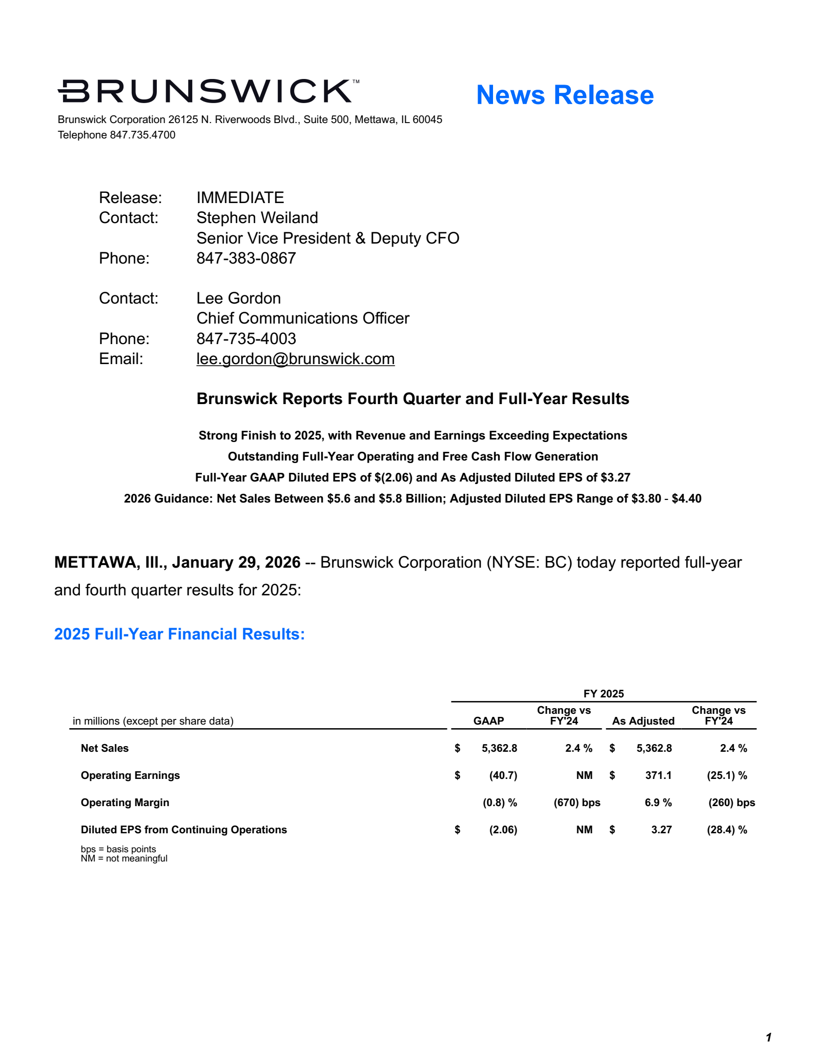 Brunswick's Q4 2025 Press Release