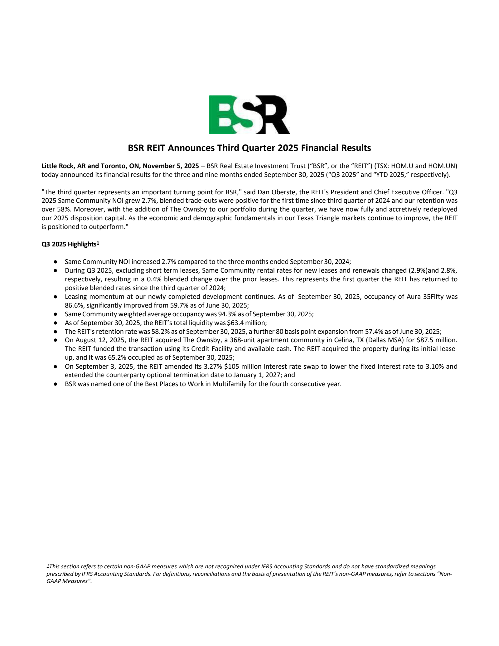 BSR Real Estate Investment Trust's Q3 2025 Press Release