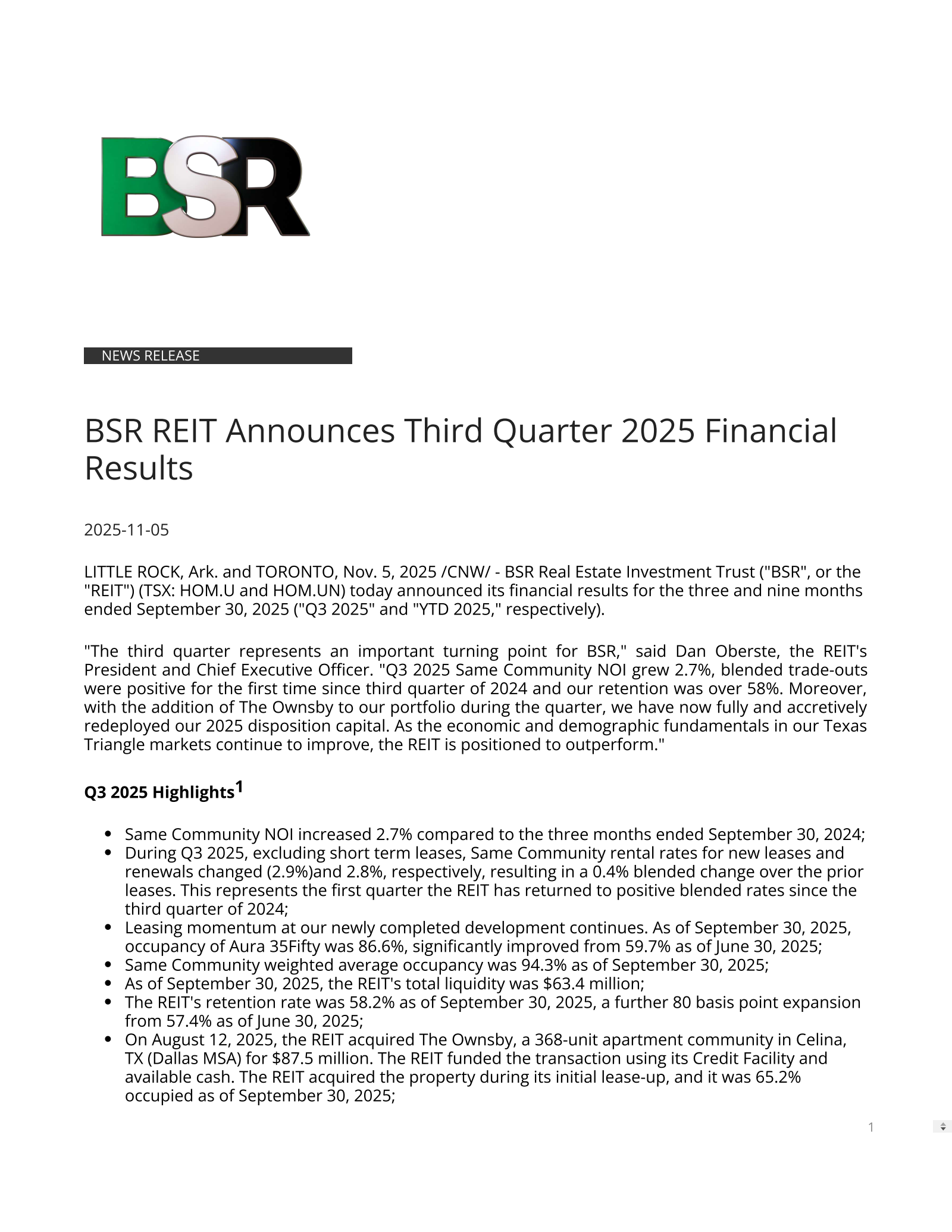 BSR Real Estate Investment Trust's Q3 2025 Press Release