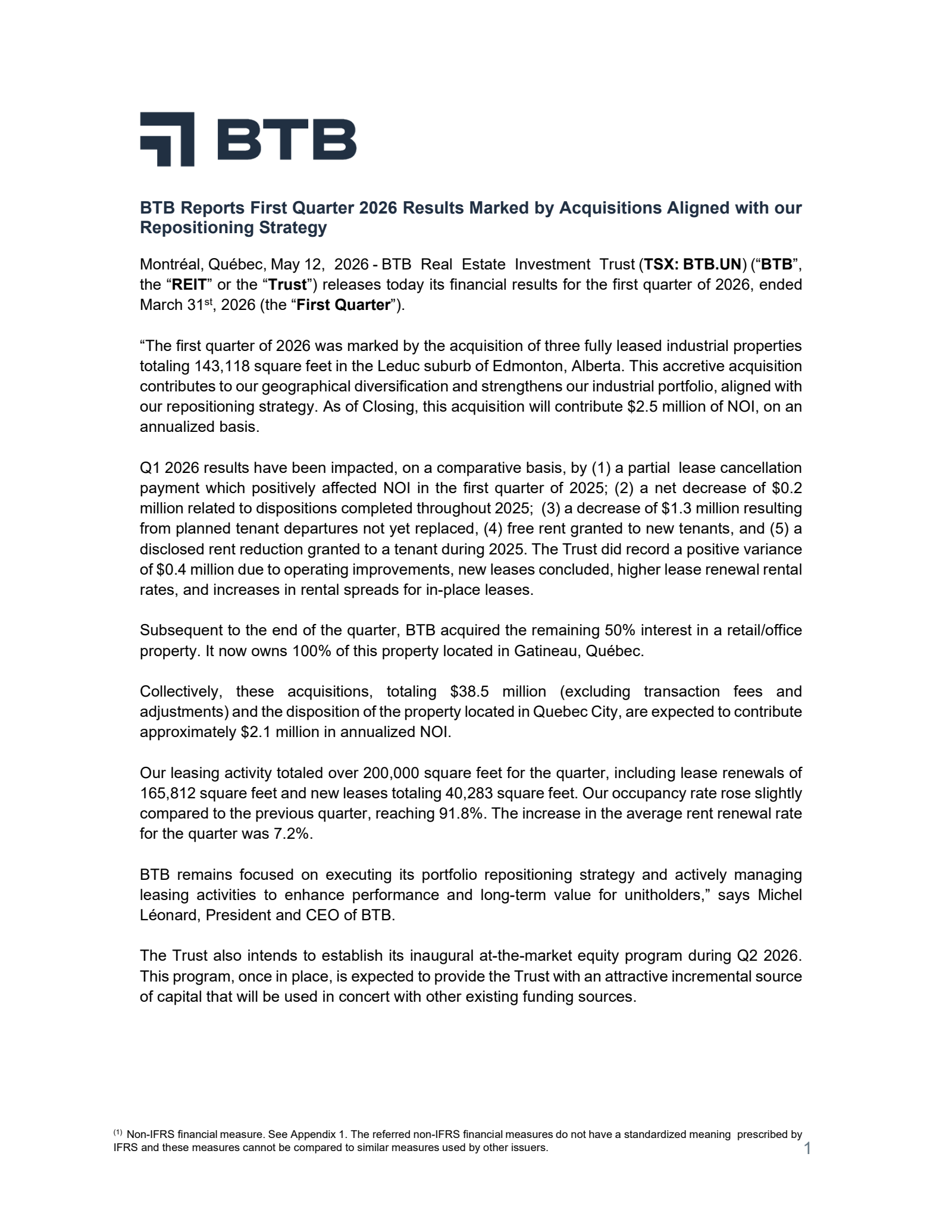 BTB Real Estate Investment Trust's Q1 2026 Press Release