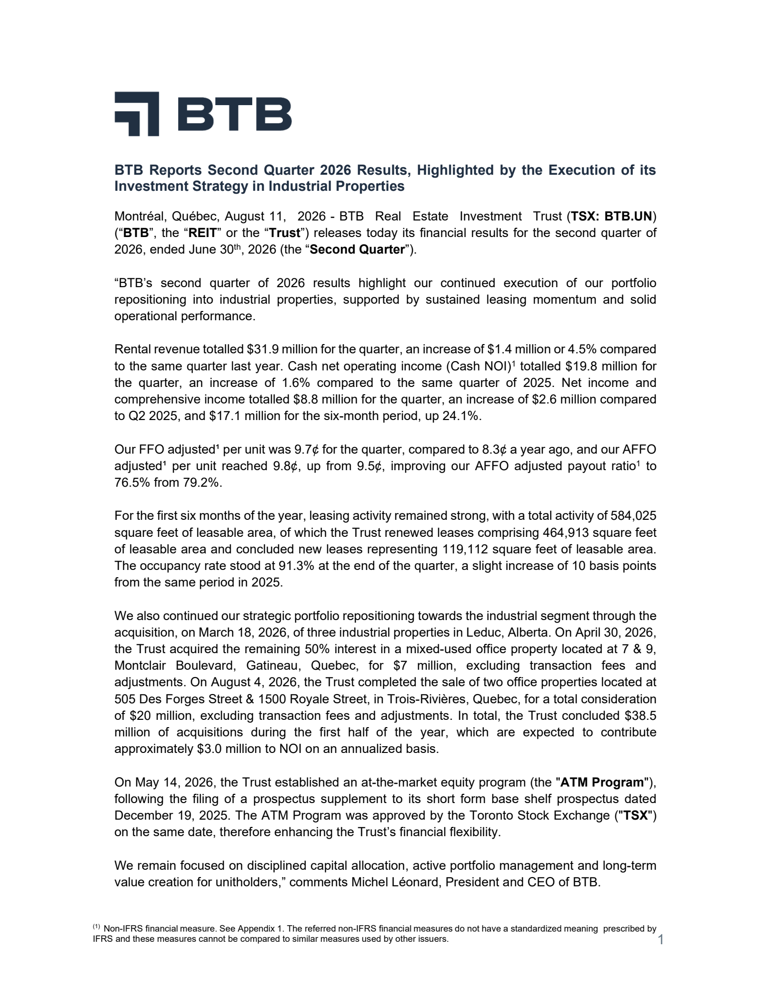 BTB Real Estate Investment Trust's Q2 2026 Press Release