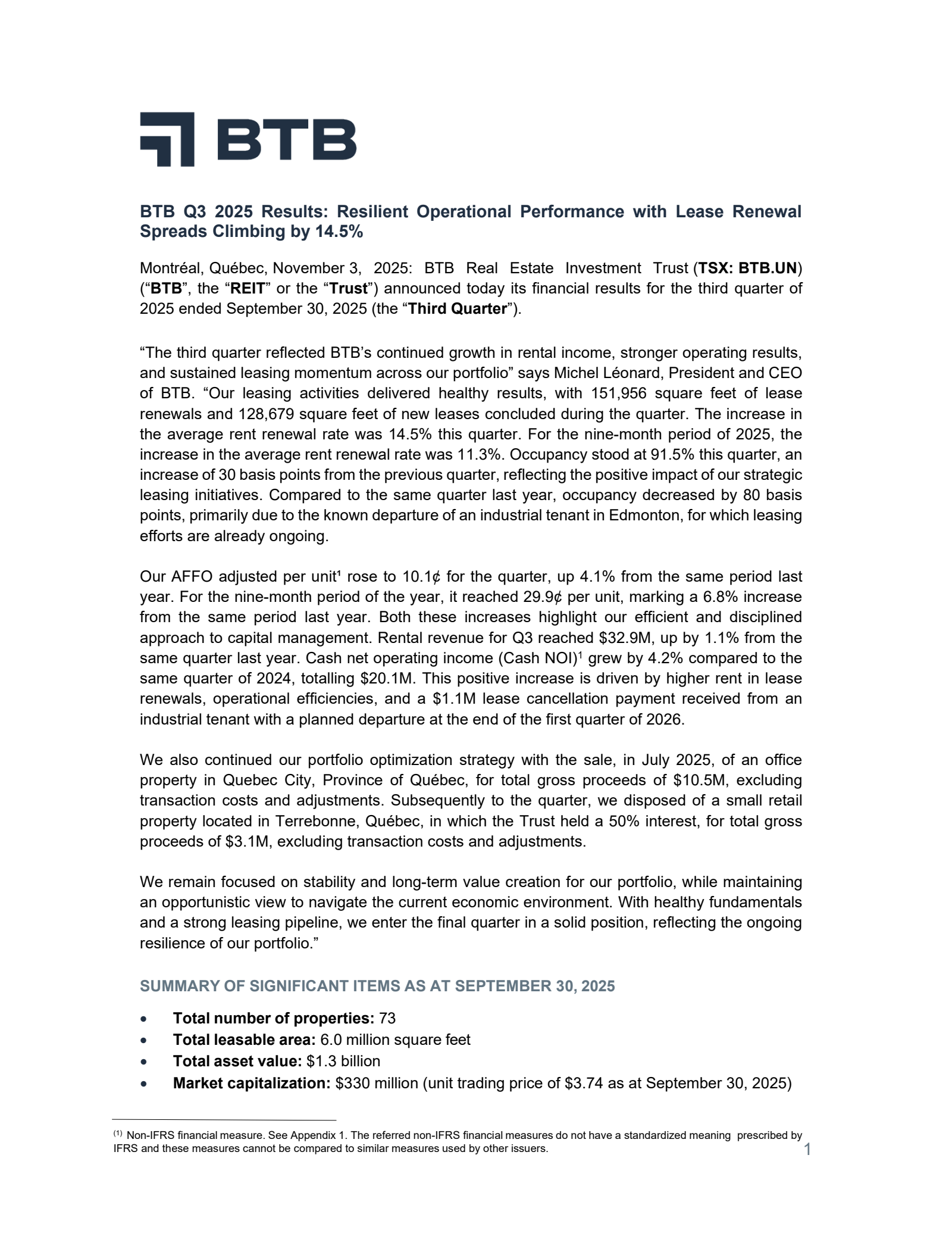 BTB Real Estate Investment Trust's Q3 2025 Earnings Release
