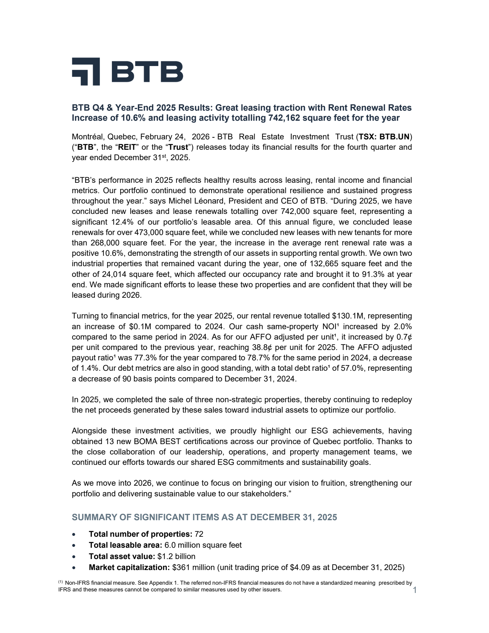 BTB Real Estate Investment Trust's Q4 2025 Press Release