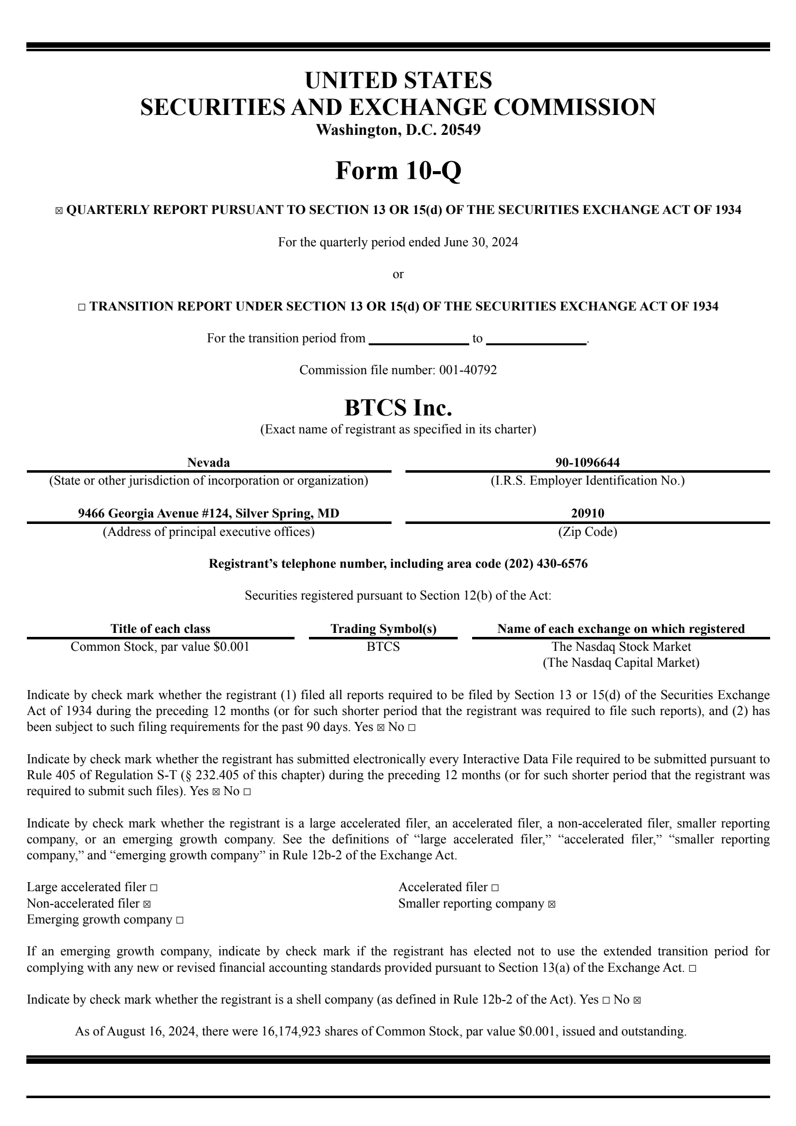 BTCS's Q2 2024 Quarterly report