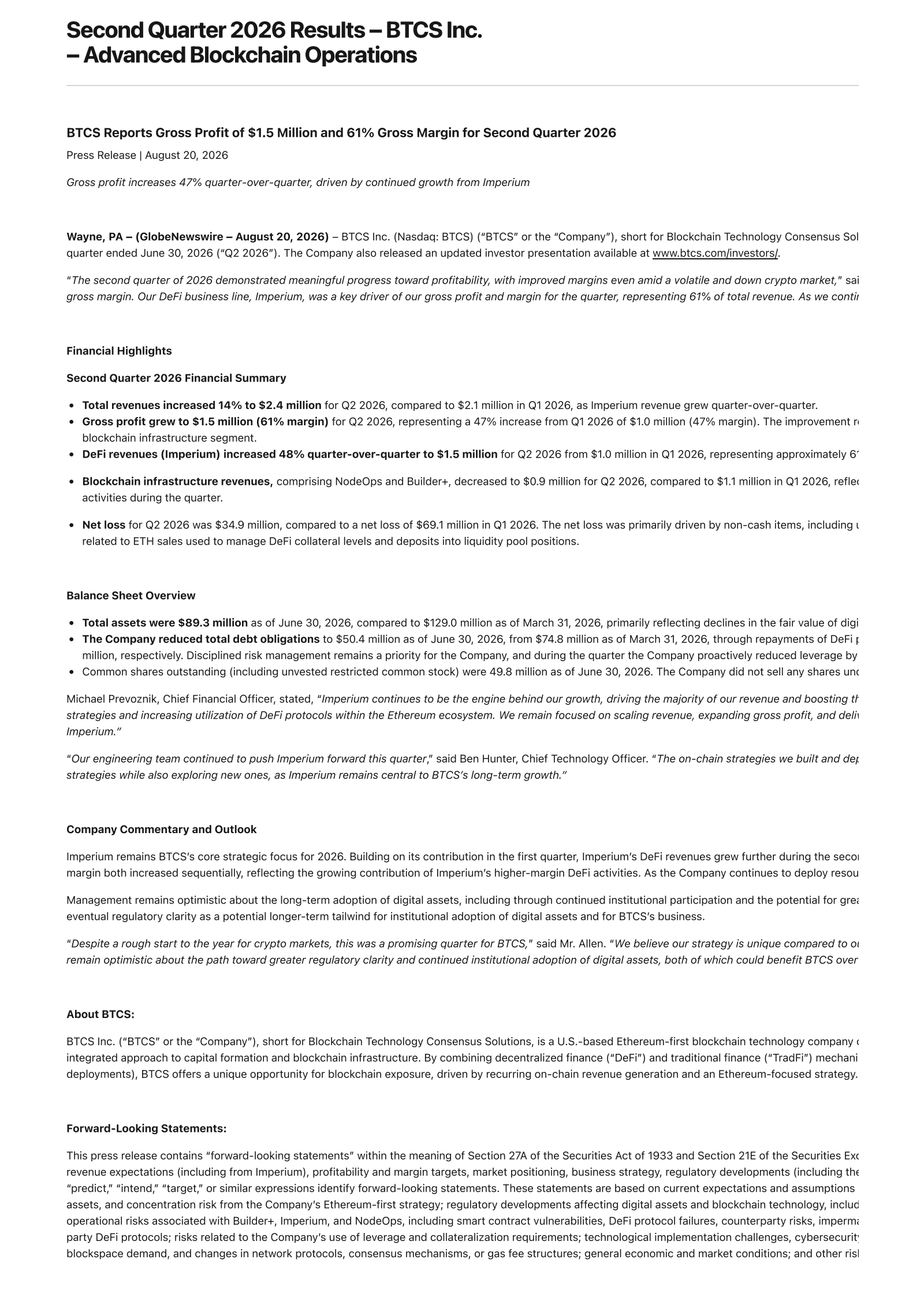 BTCS's Q2 2026 Press Release
