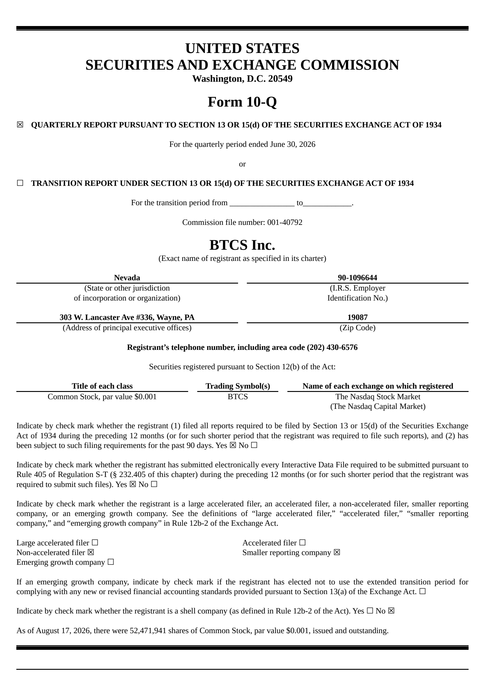 BTCS's Q2 2026 Quarterly report