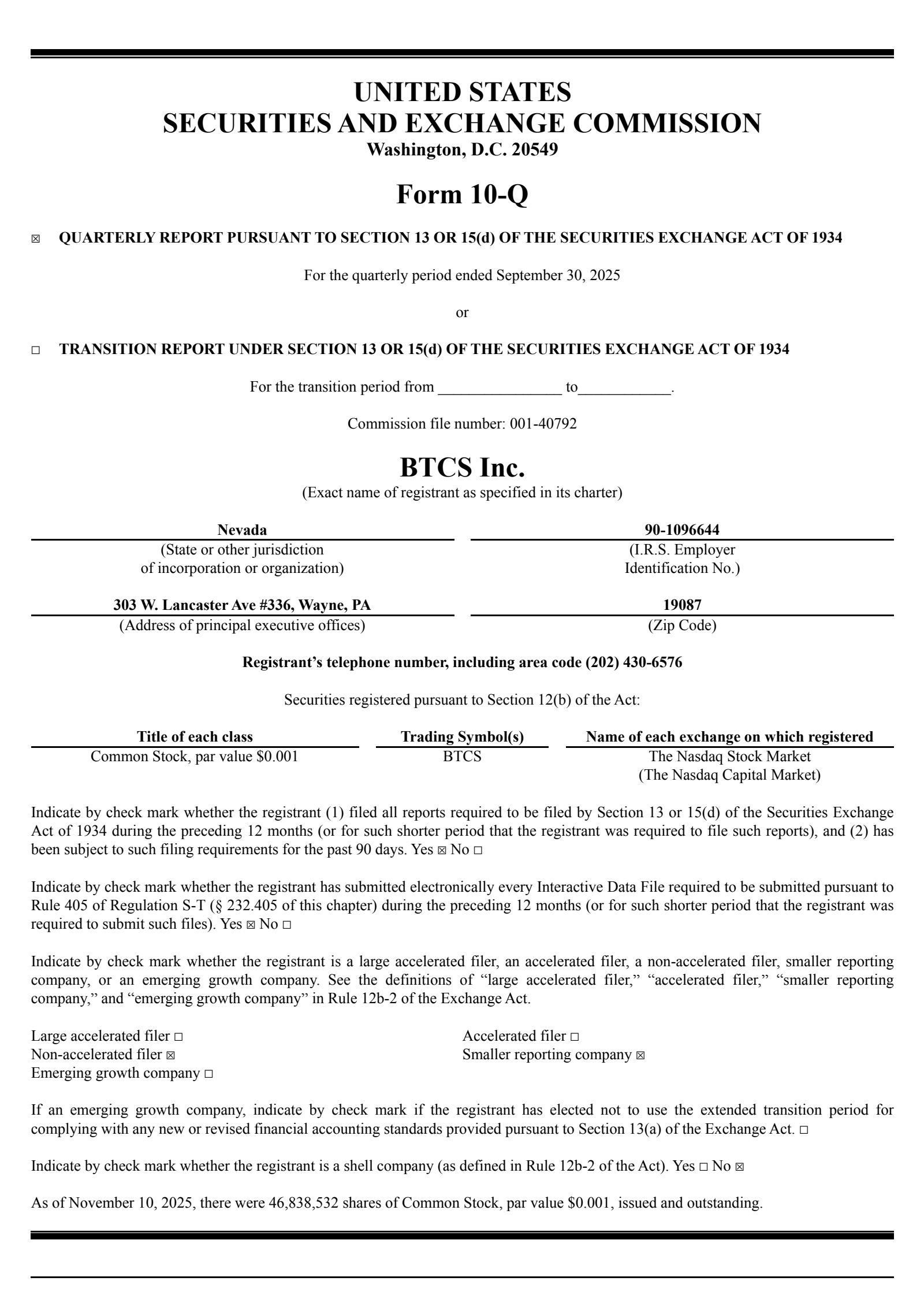 BTCS's Q3 2025 Quarterly report