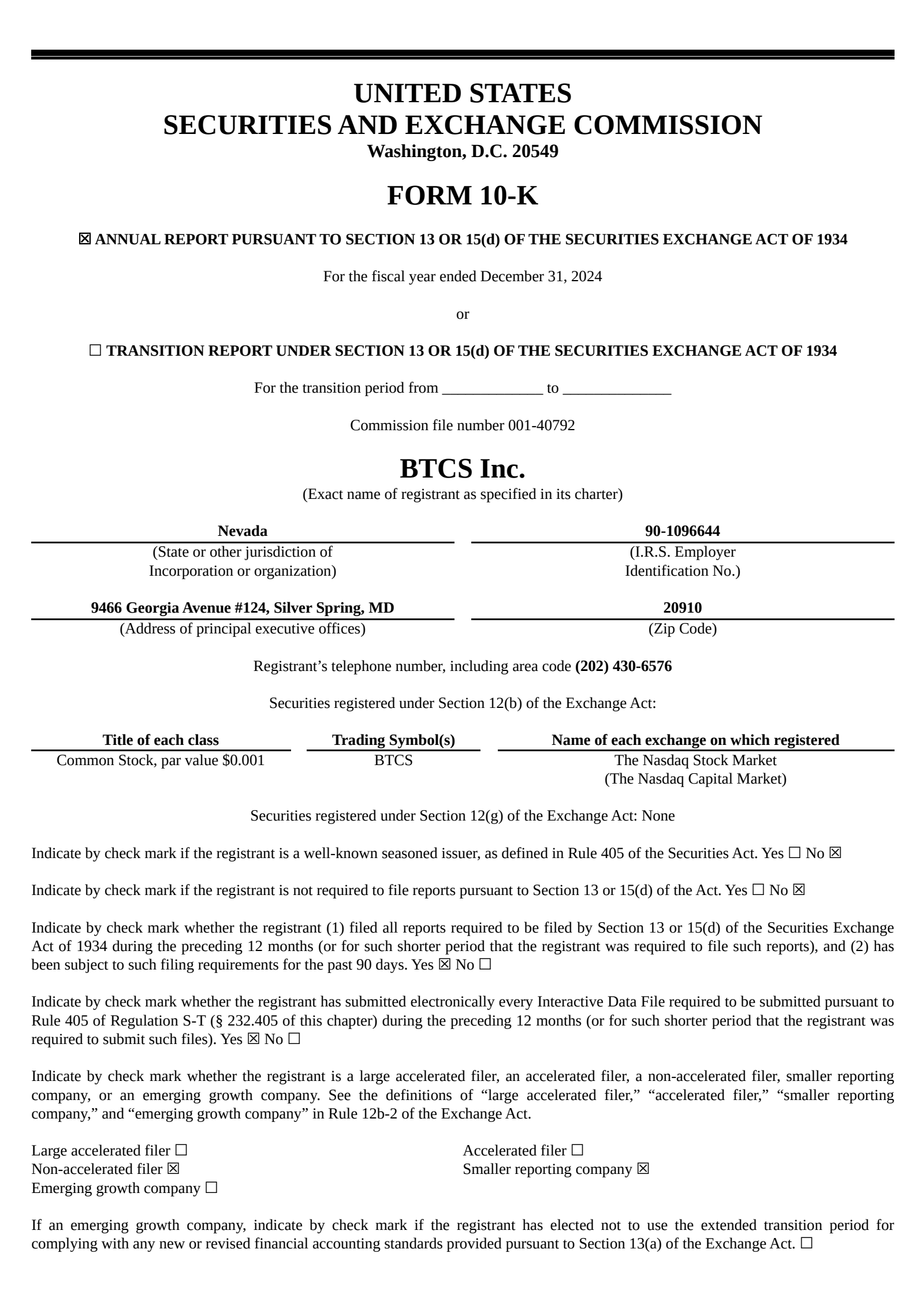 BTCS's Q4 2024 Annual report