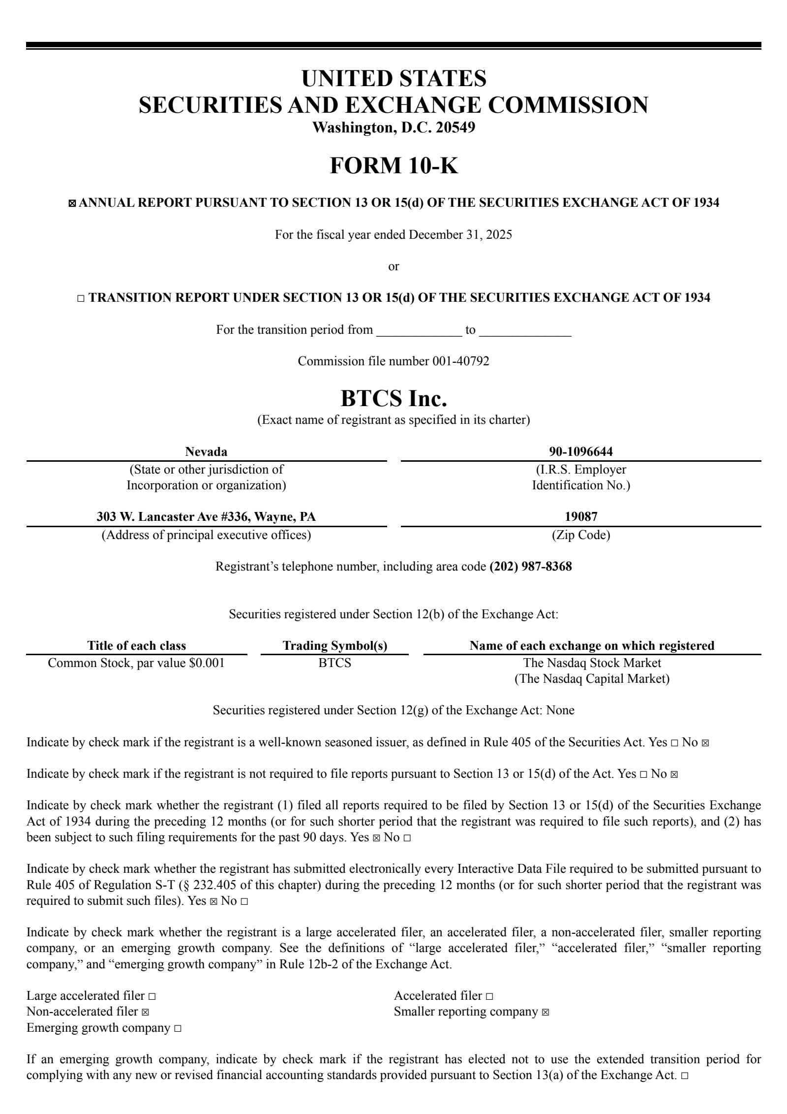 BTCS's Q4 2025 Annual report