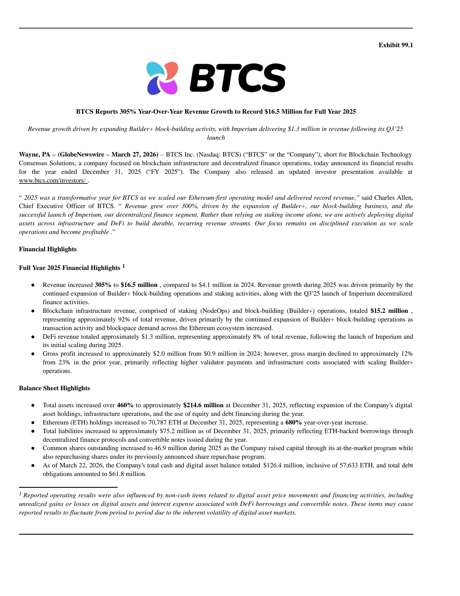 BTCS's Q4 2025 Press Release
