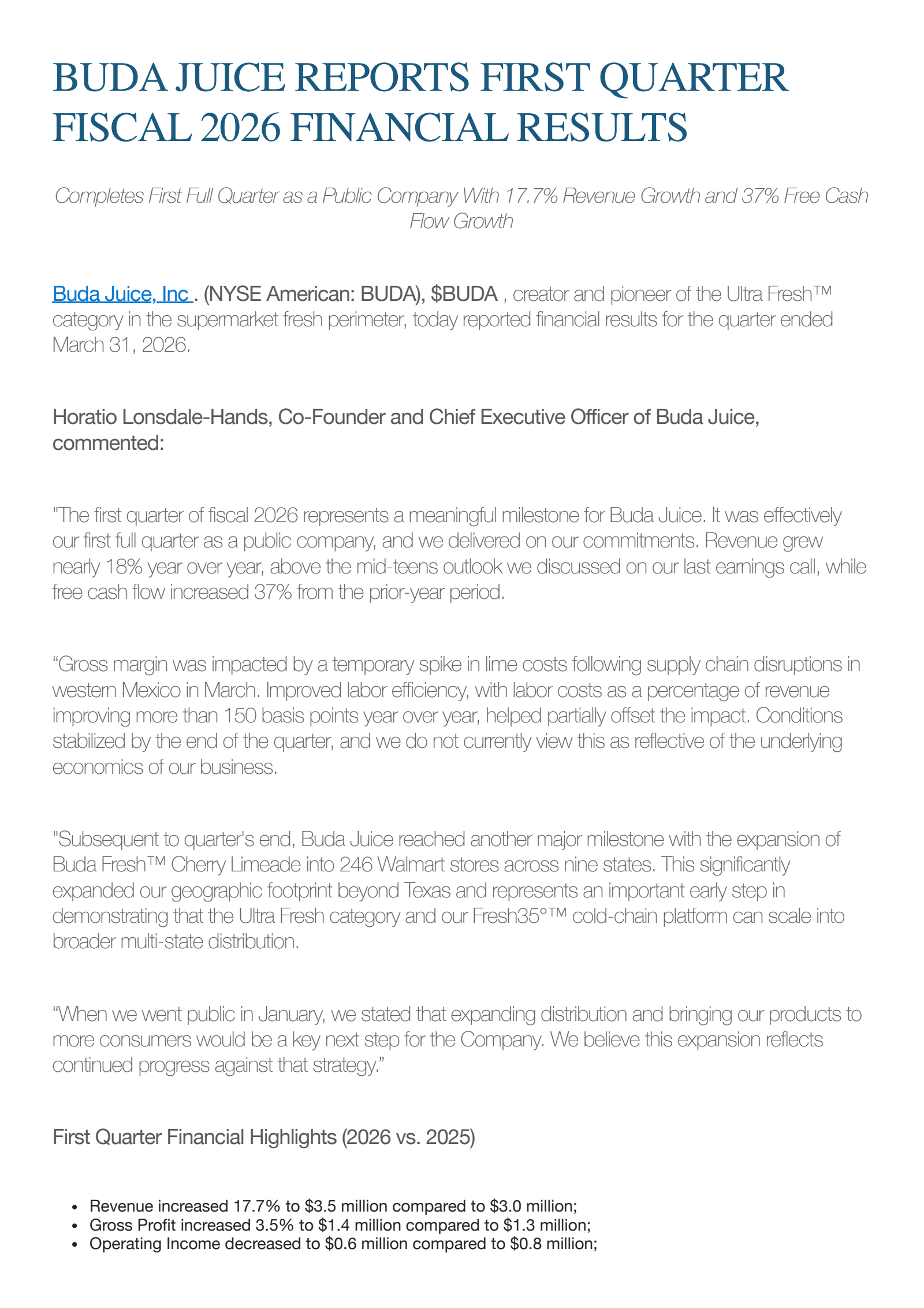BUDA's Q1 2026 Press Release