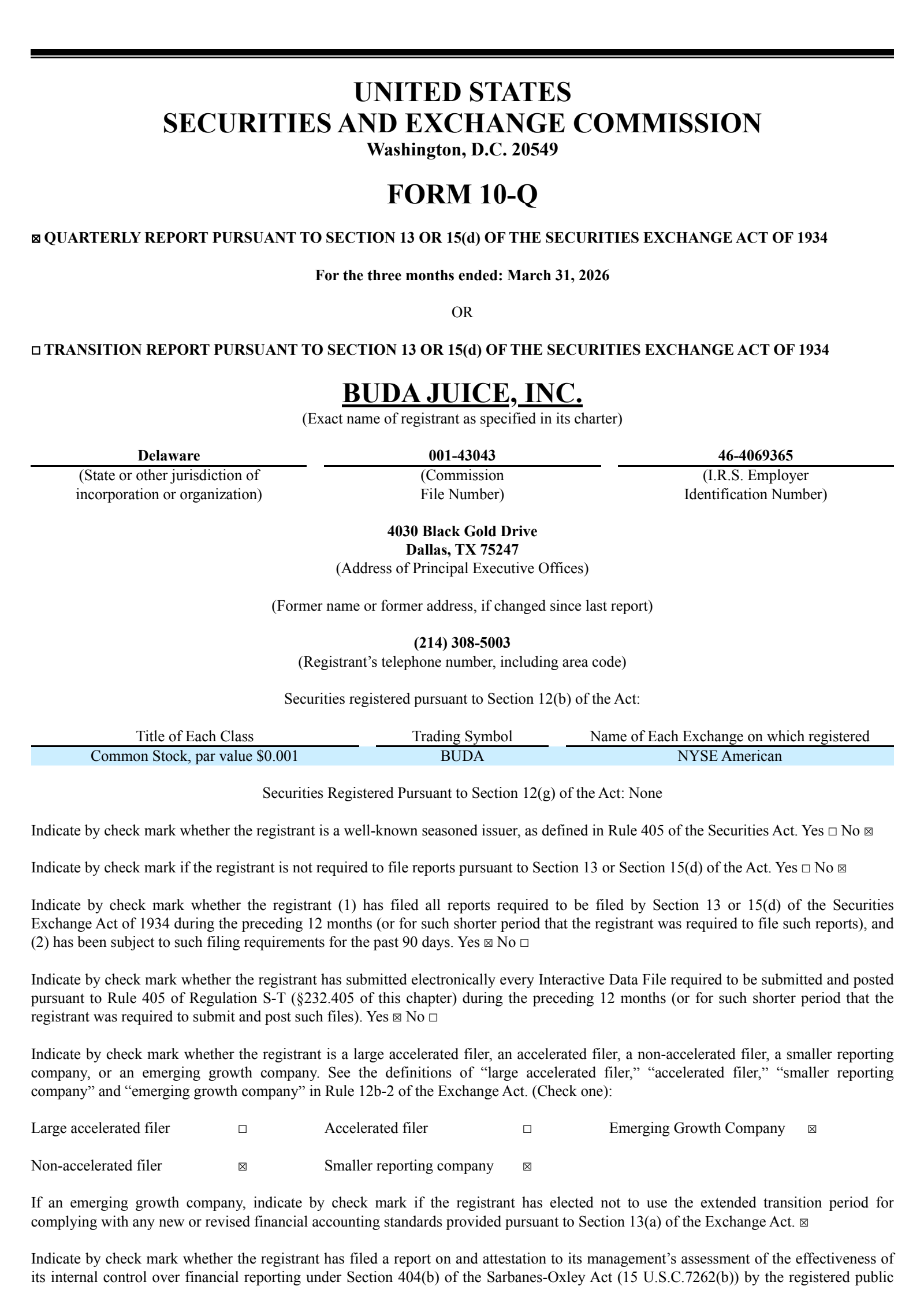 BUDA's Q1 2026 Quarterly report
