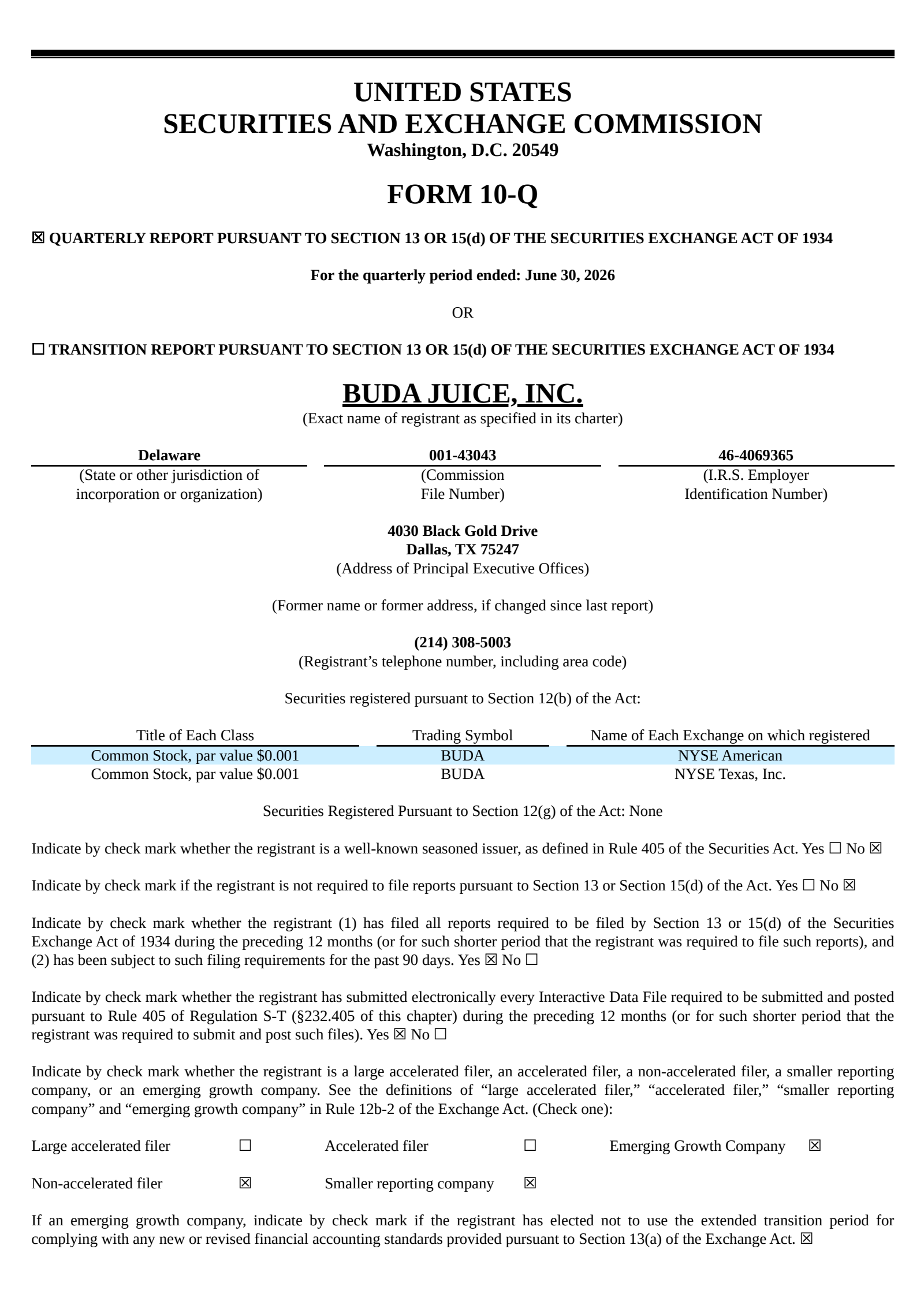 BUDA's Q2 2026 Quarterly report