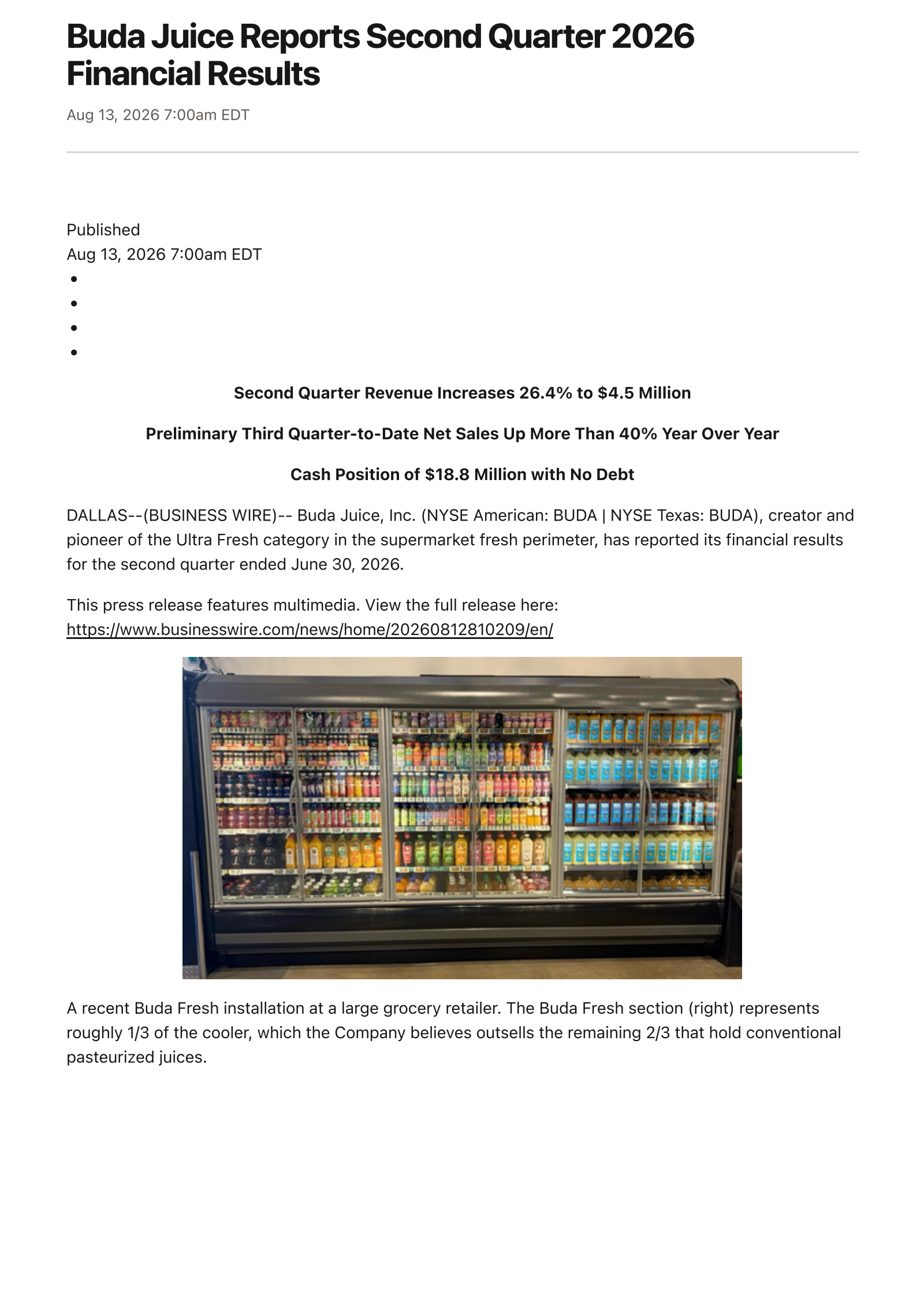 BUDA's Q2 2026 Press Release