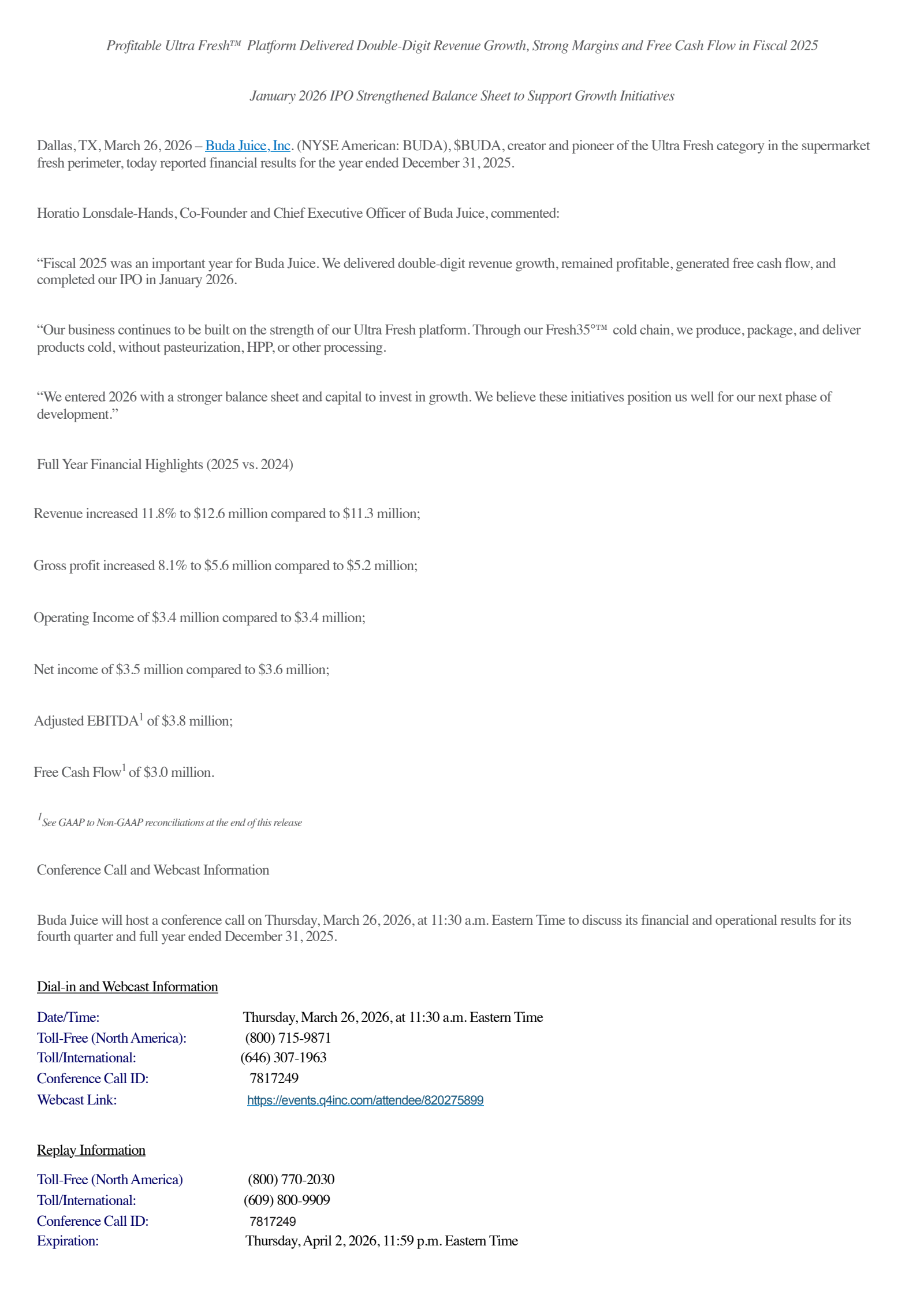 BUDA's Q4 2025 Press Release
