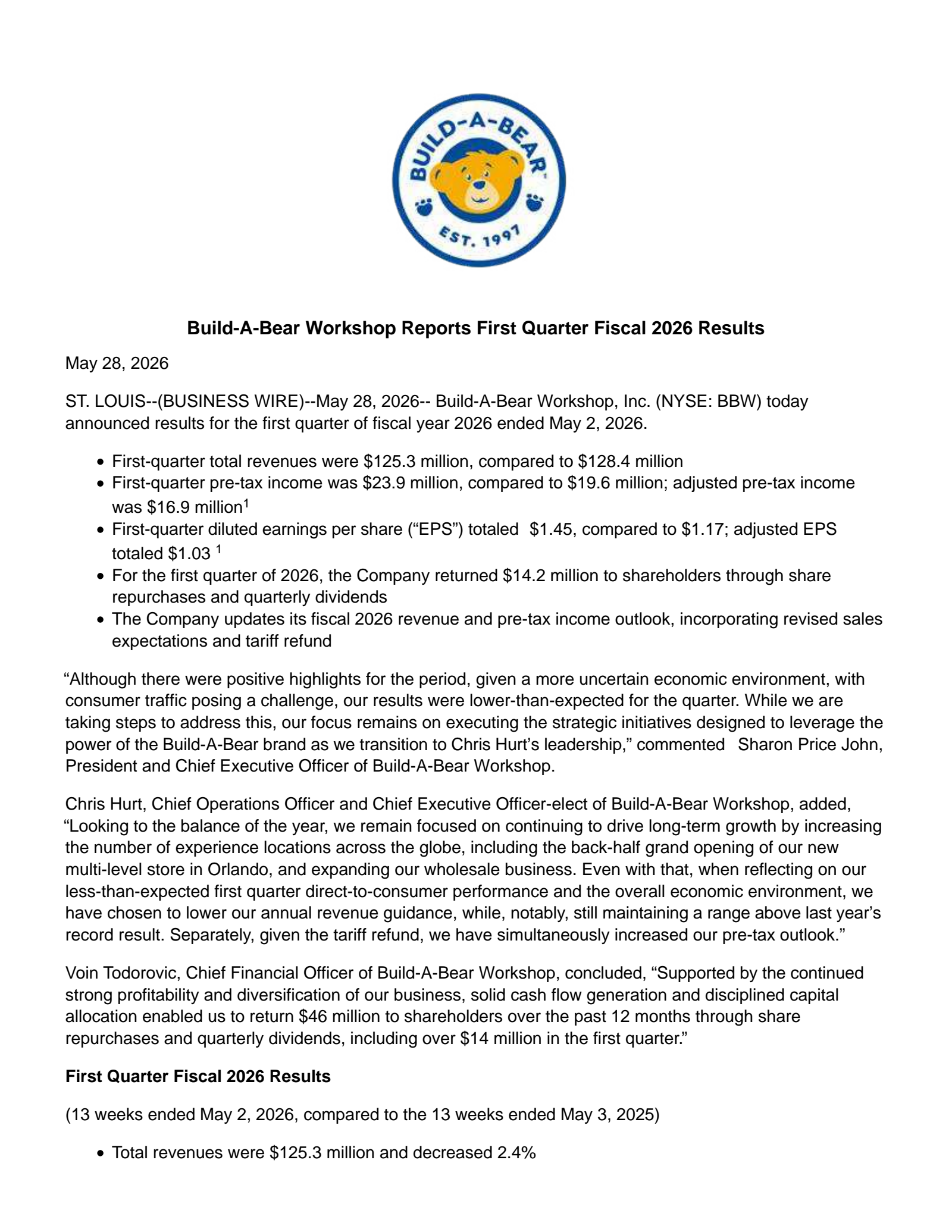 Build-A-Bear Workshop's Q1 2027 Press Release