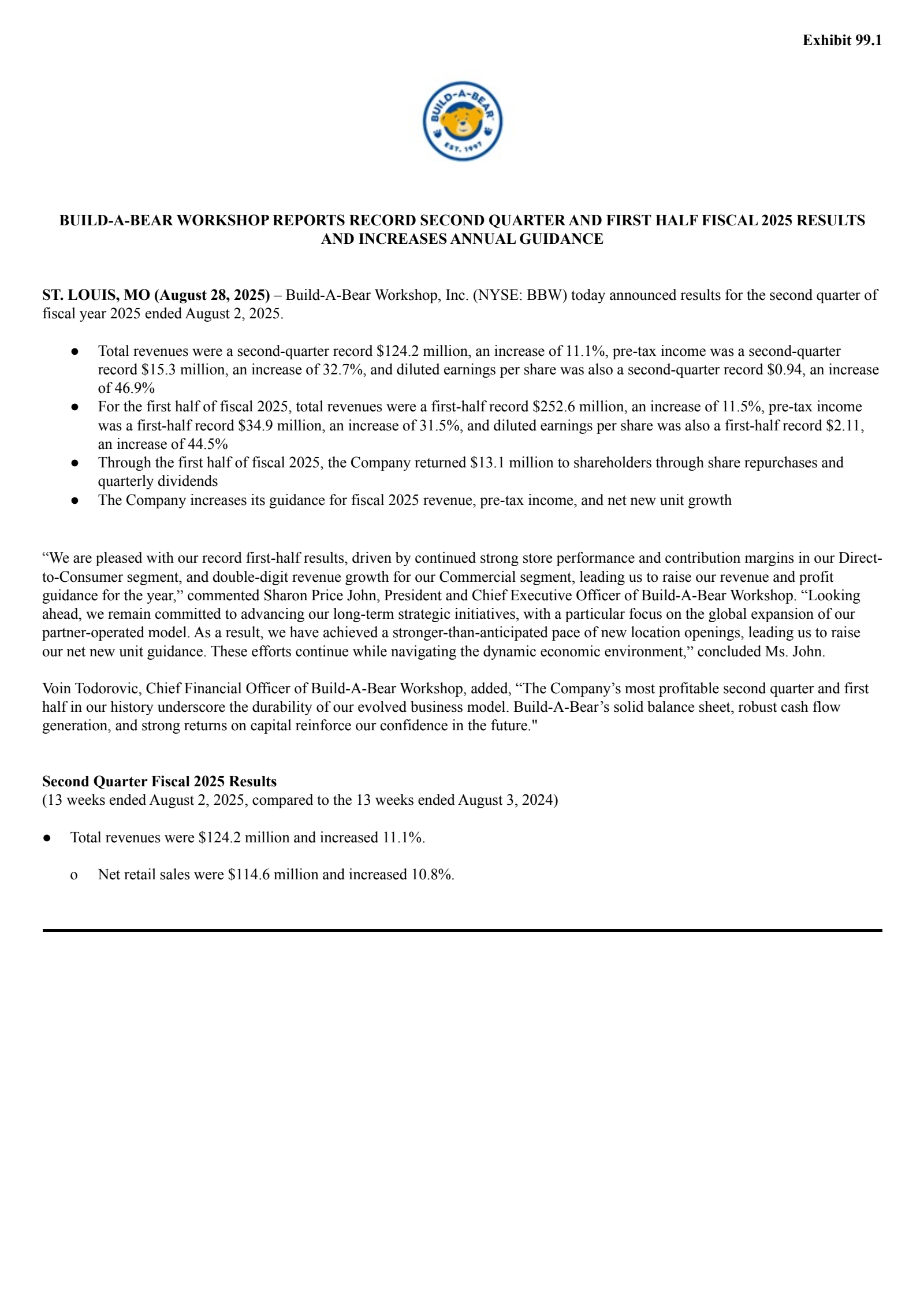 Build-A-Bear Workshop's Q2 2026 Press Release