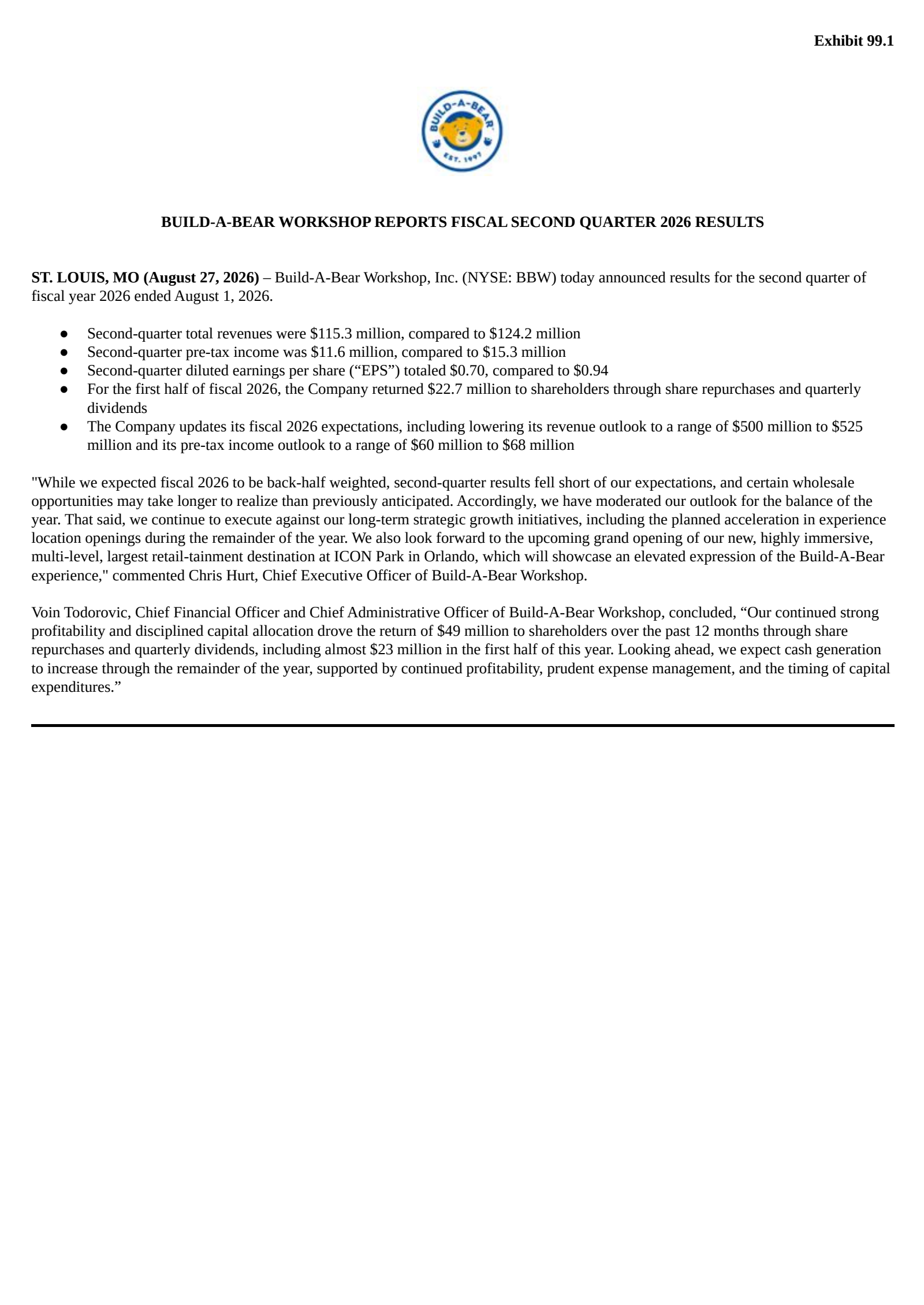 Build-A-Bear Workshop's Q2 2027 Press Release