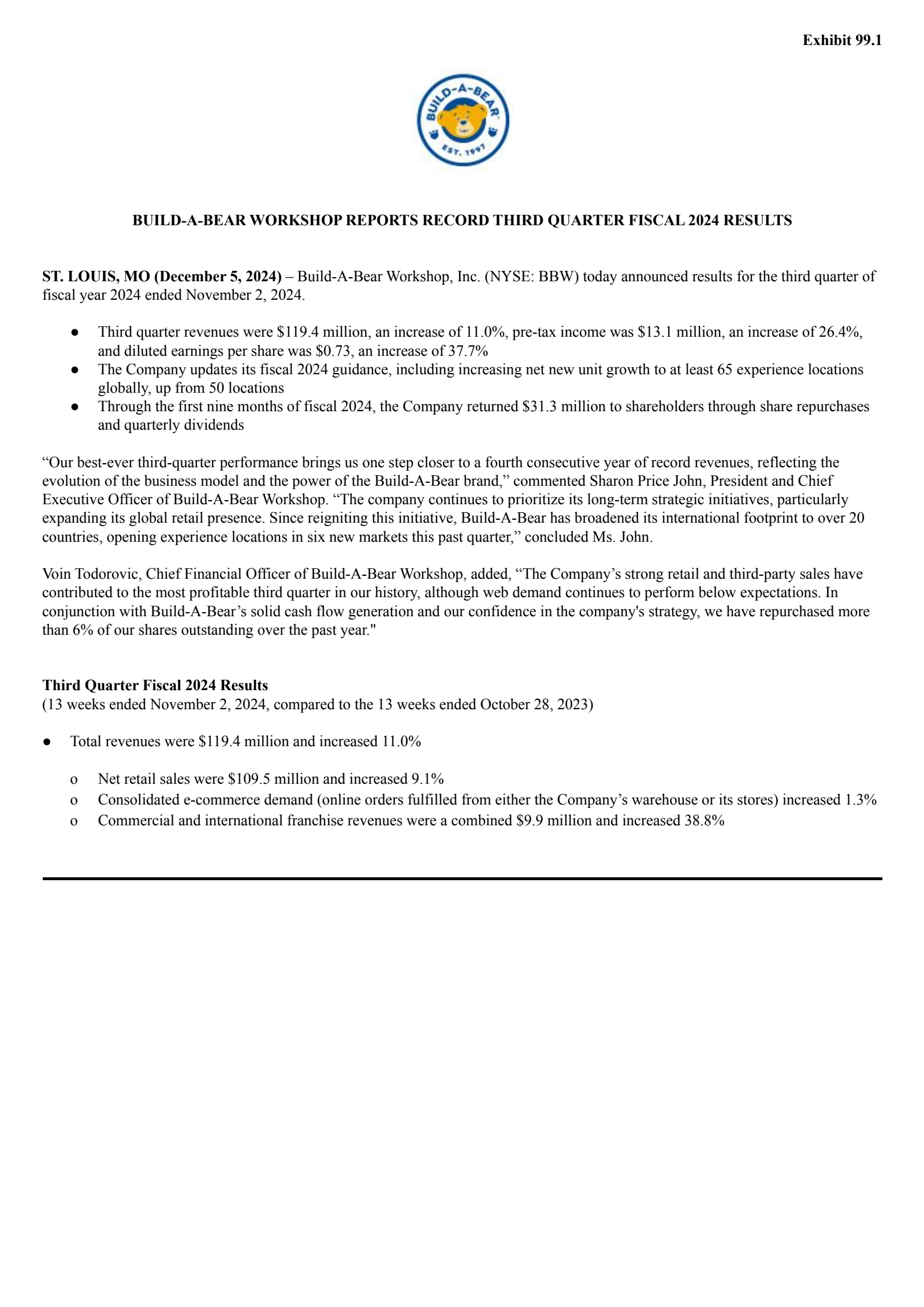 Build-A-Bear Workshop's Q3 2025 Press Release