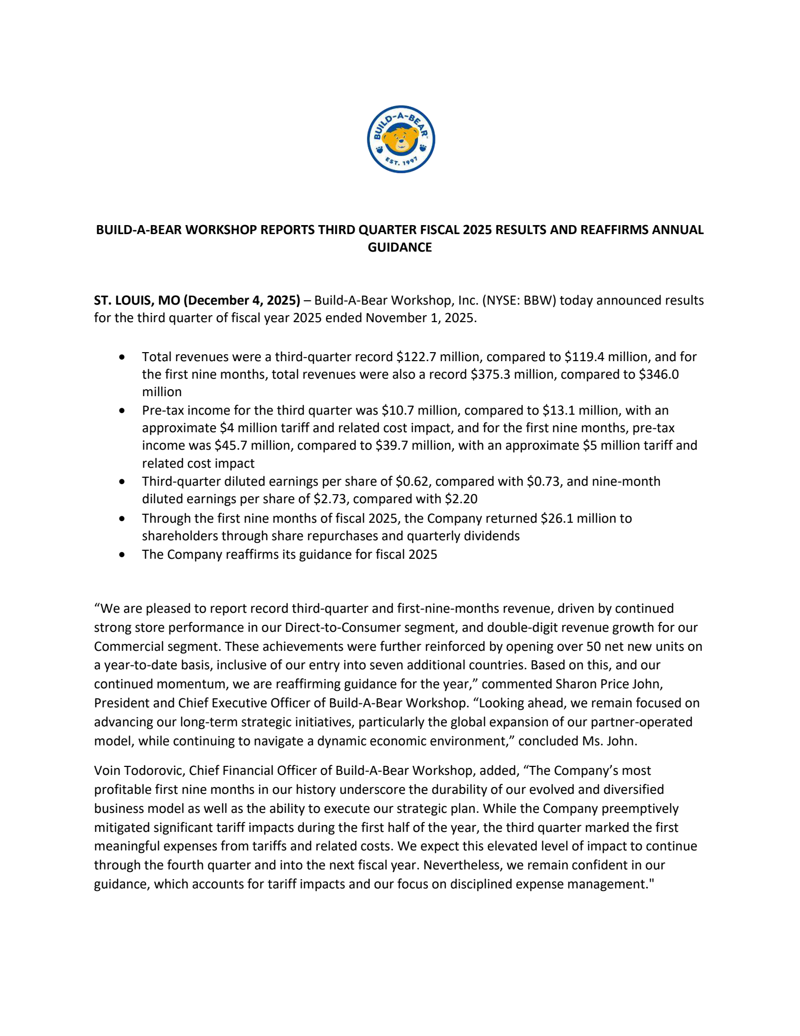 Build-A-Bear Workshop's Q3 2026 Earnings Release