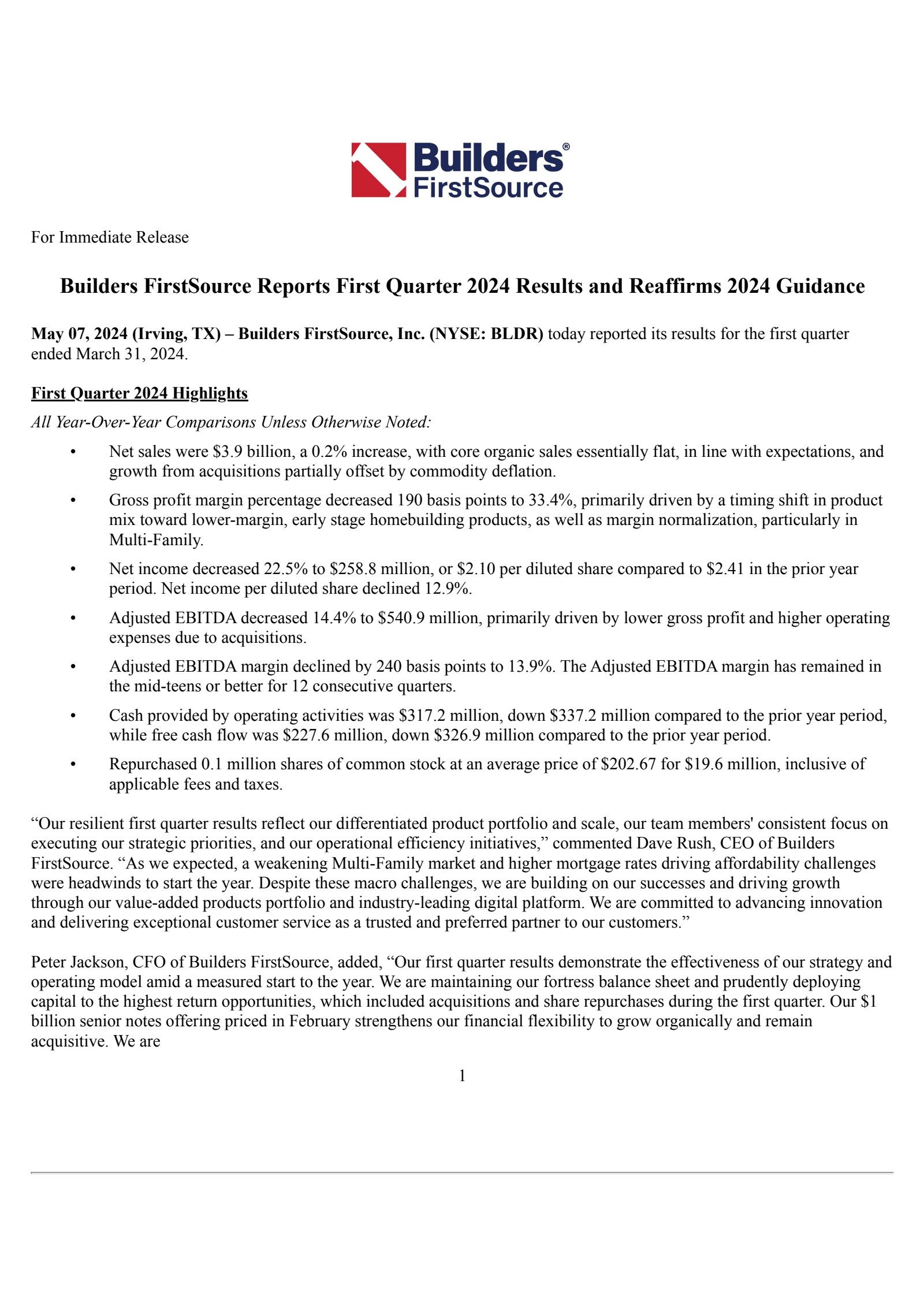 Builders FirstSource's Q1 2024 Press Release