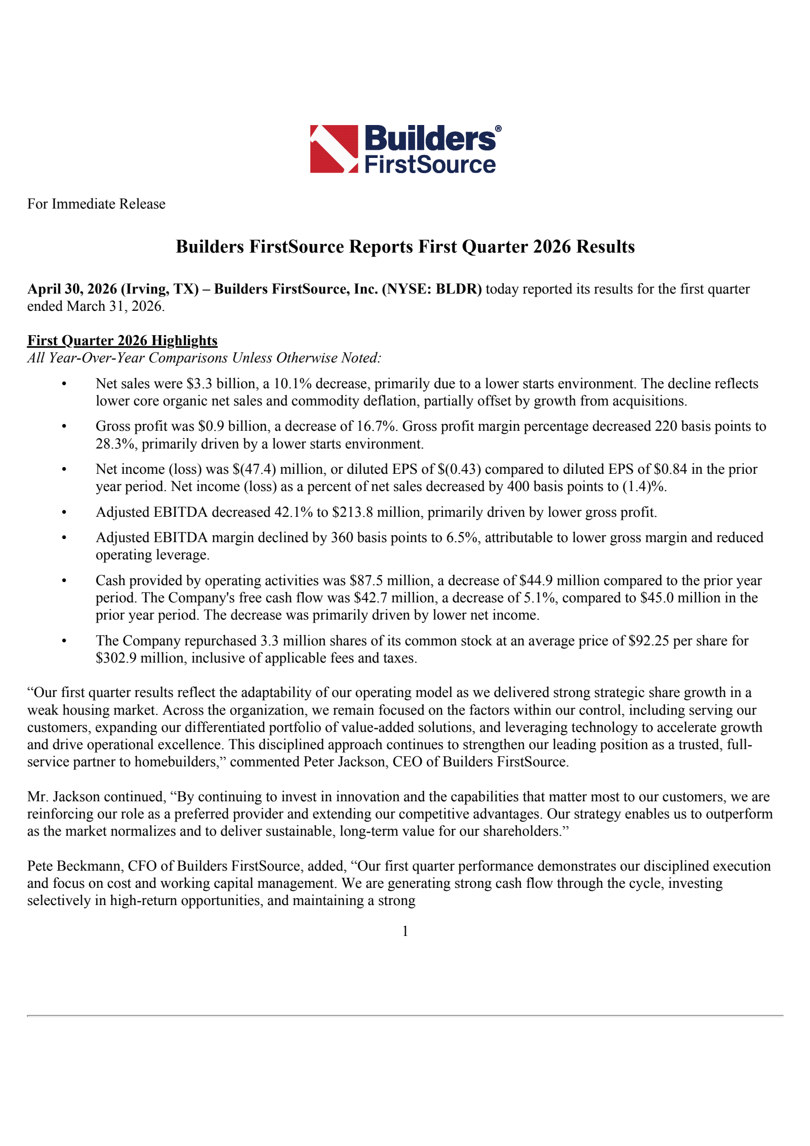 Builders FirstSource's Q1 2026 Press Release