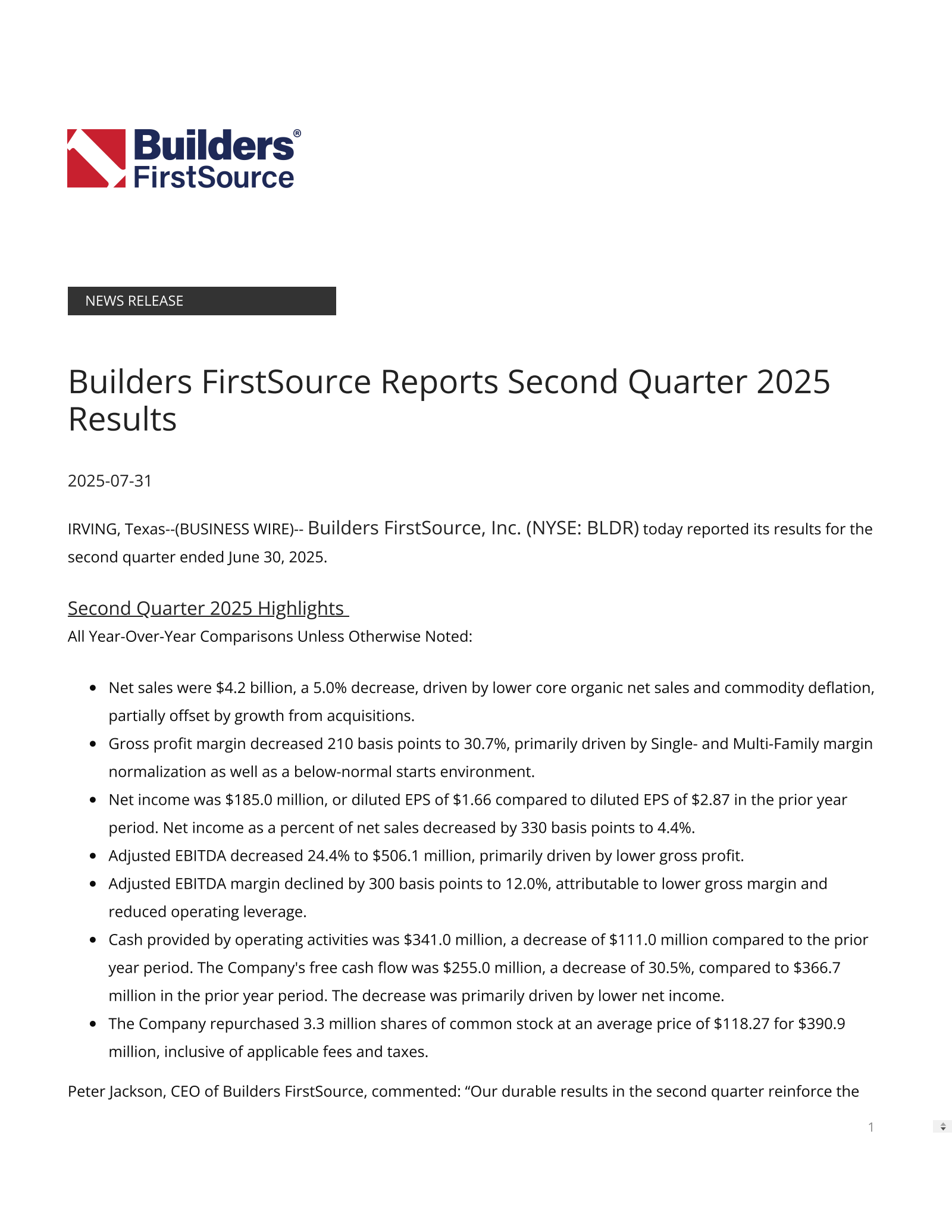 Builders FirstSource's Q2 2025 Press Release