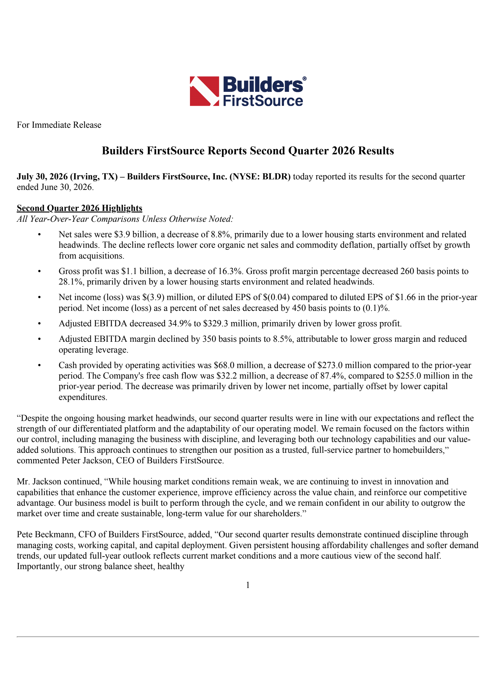 Builders FirstSource's Q2 2026 Press Release