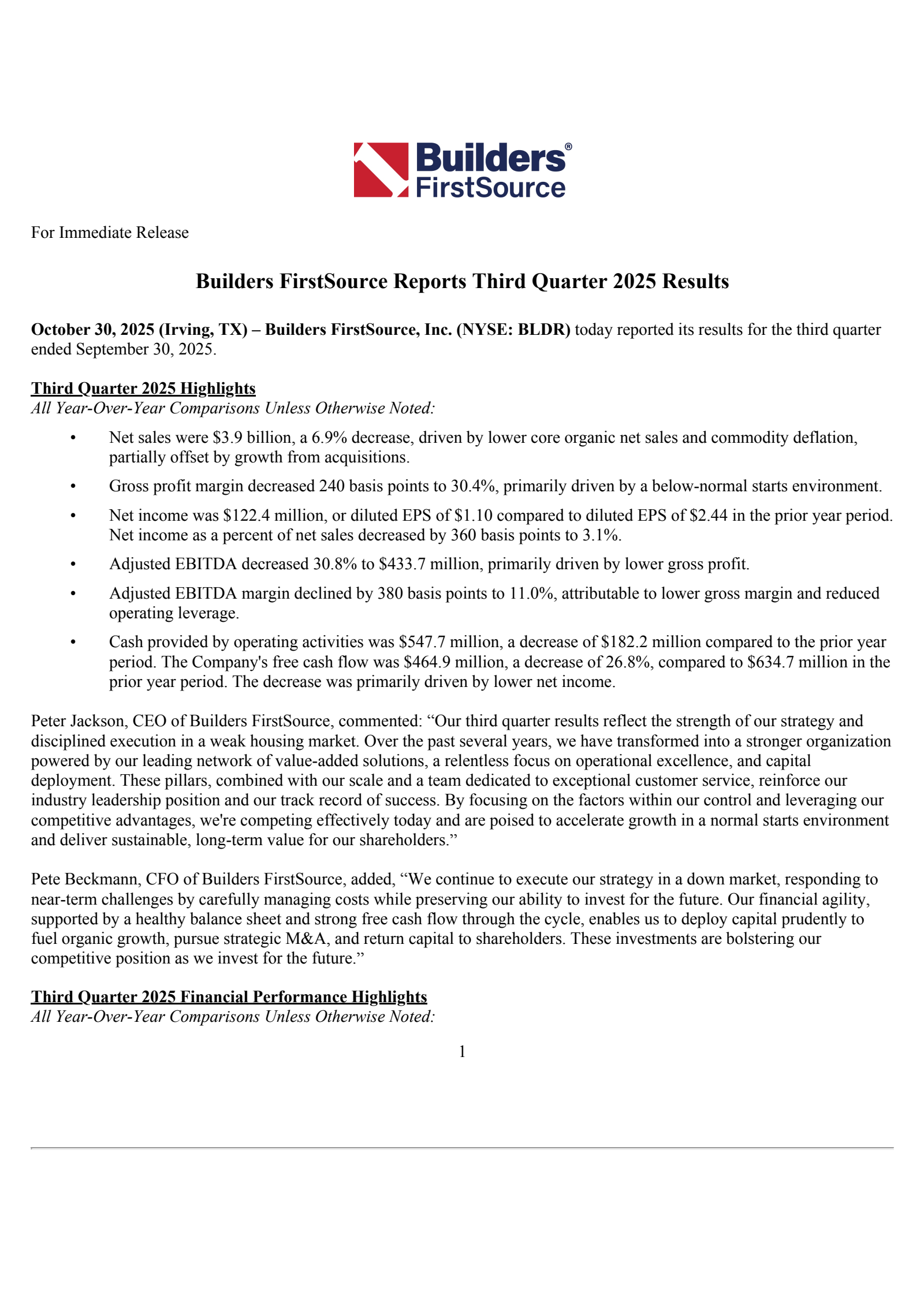 Builders FirstSource's Q3 2025 Earnings Release