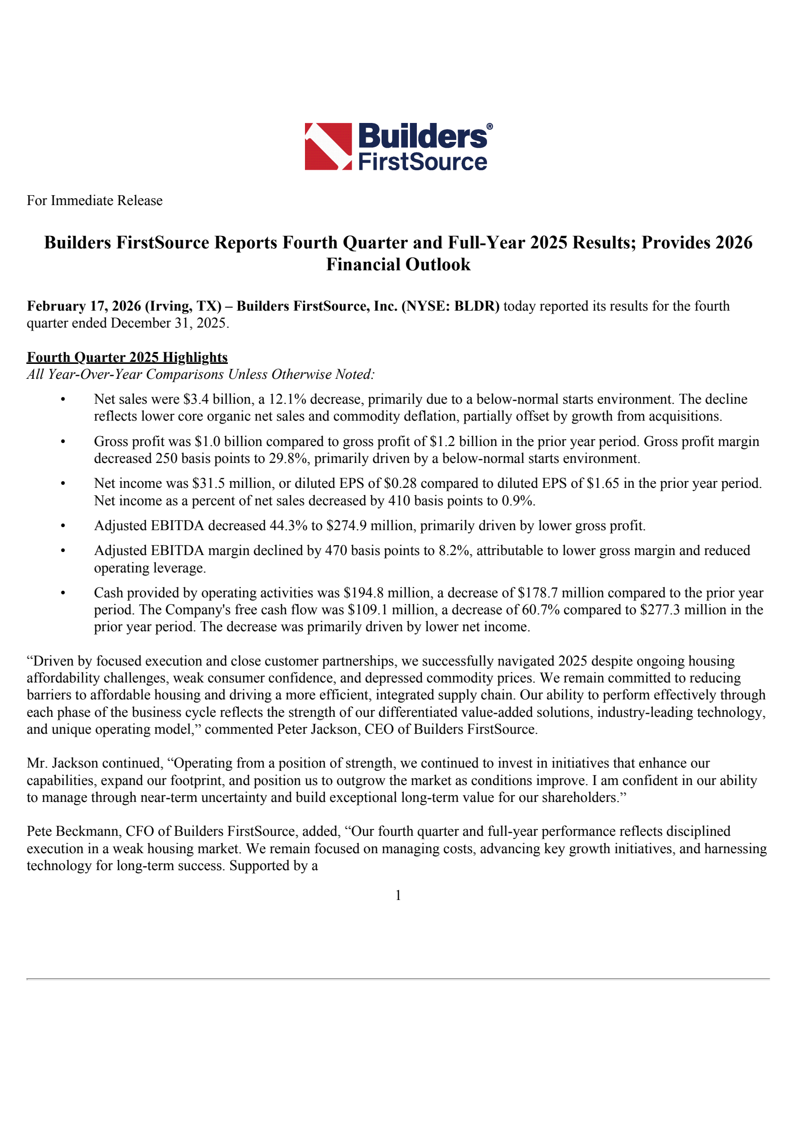 Builders FirstSource's Q4 2025 Press Release