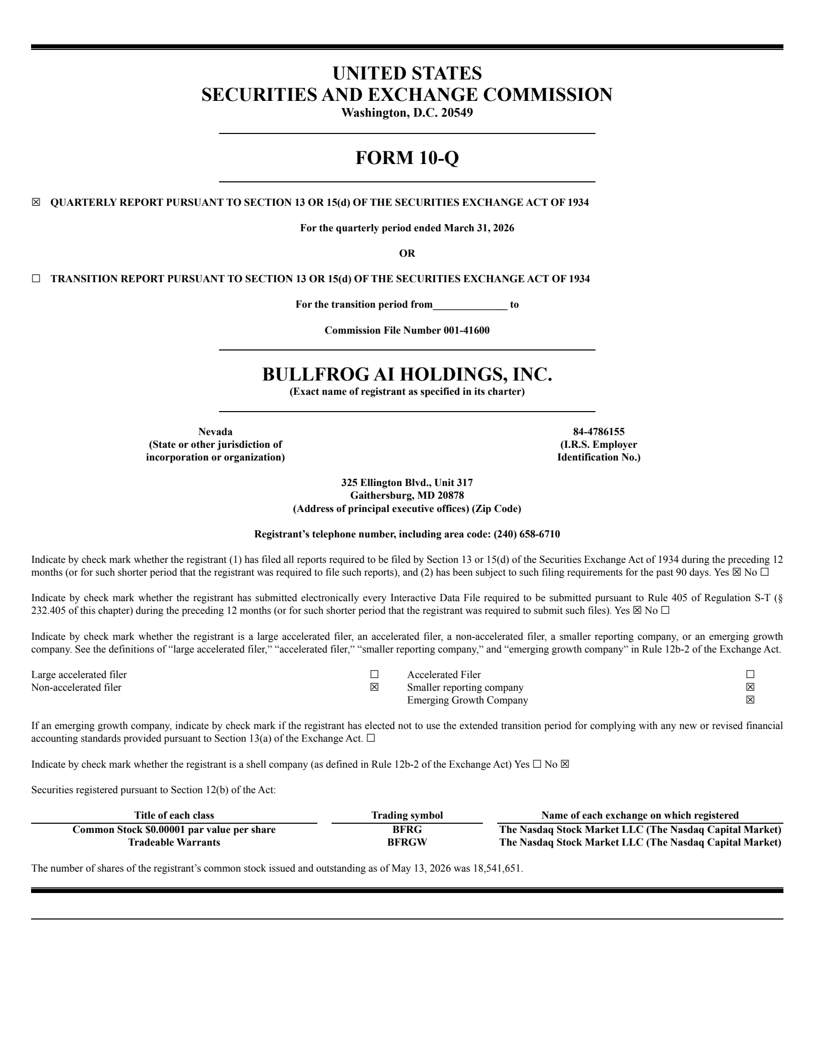 Bullfrog AI's Q1 2026 Quarterly report
