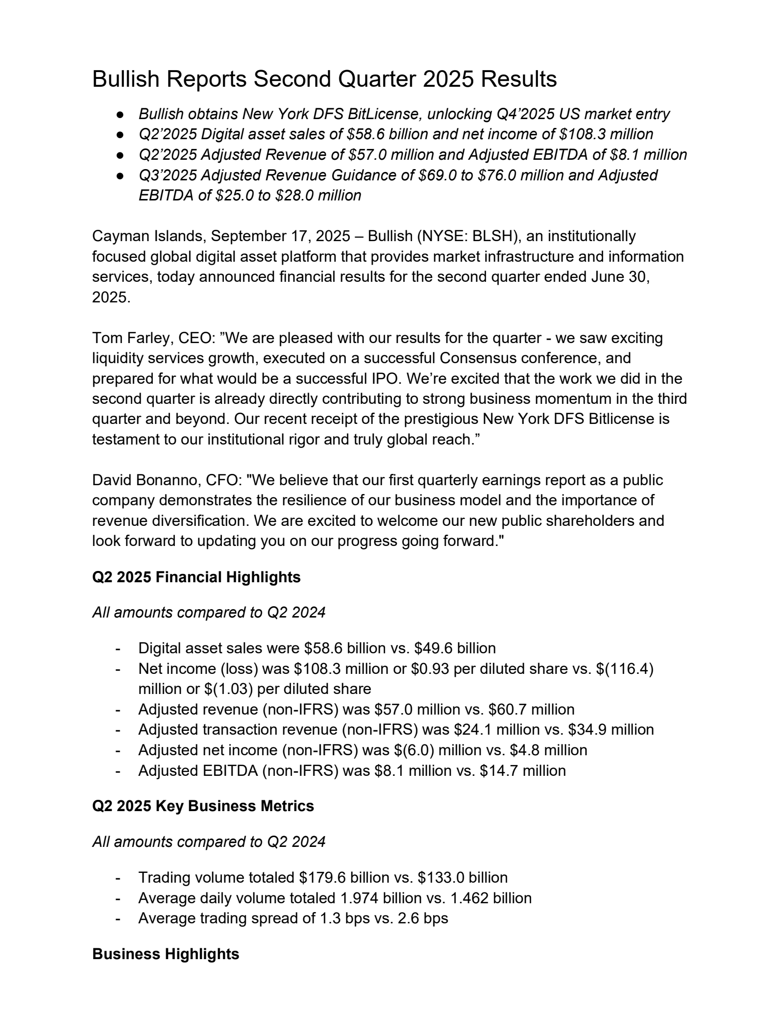 Bullish's Q2 2025 Earnings Release