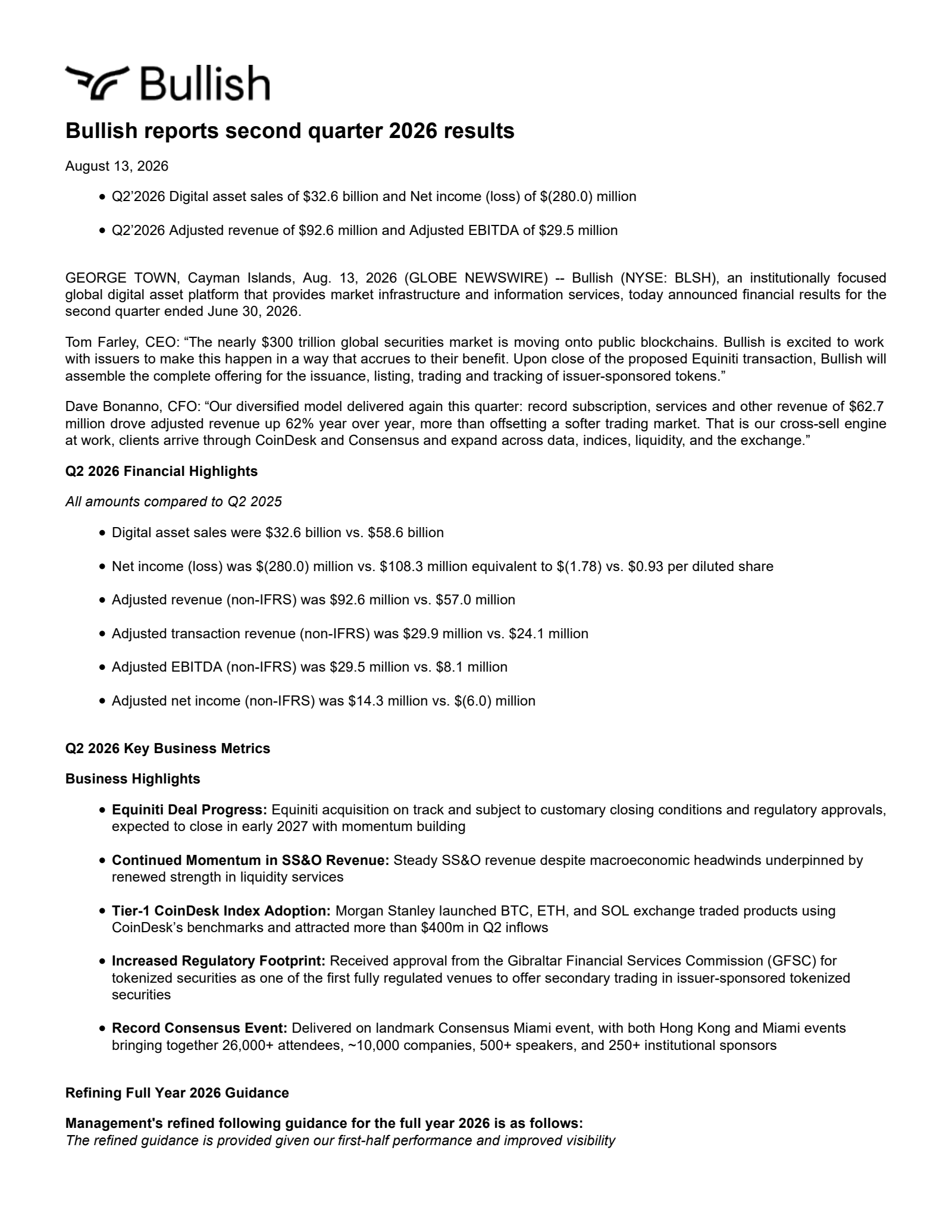 Bullish's Q2 2026 Press Release