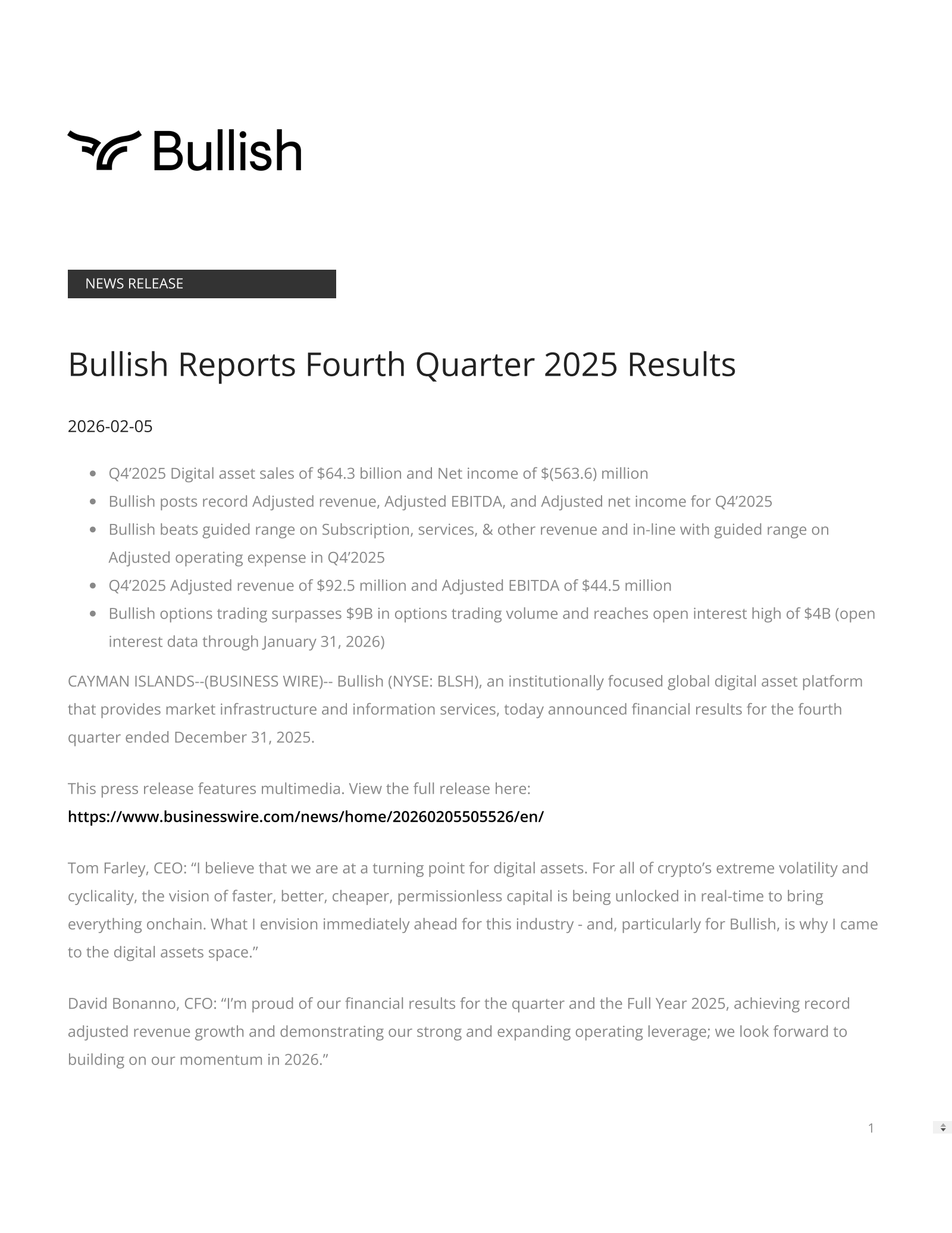 Bullish's Q4 2025 Press Release
