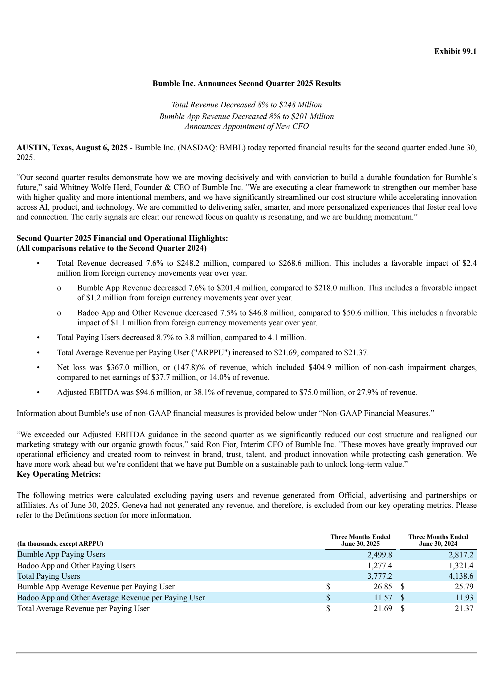 Bumble's Q2 2025 Press Release