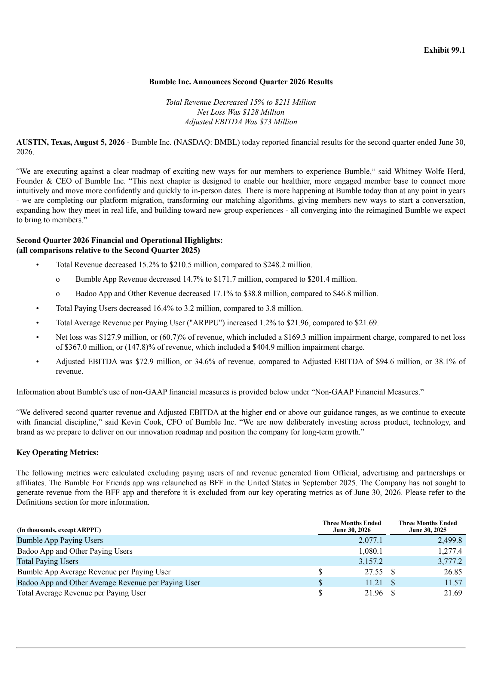 Bumble's Q2 2026 Press Release
