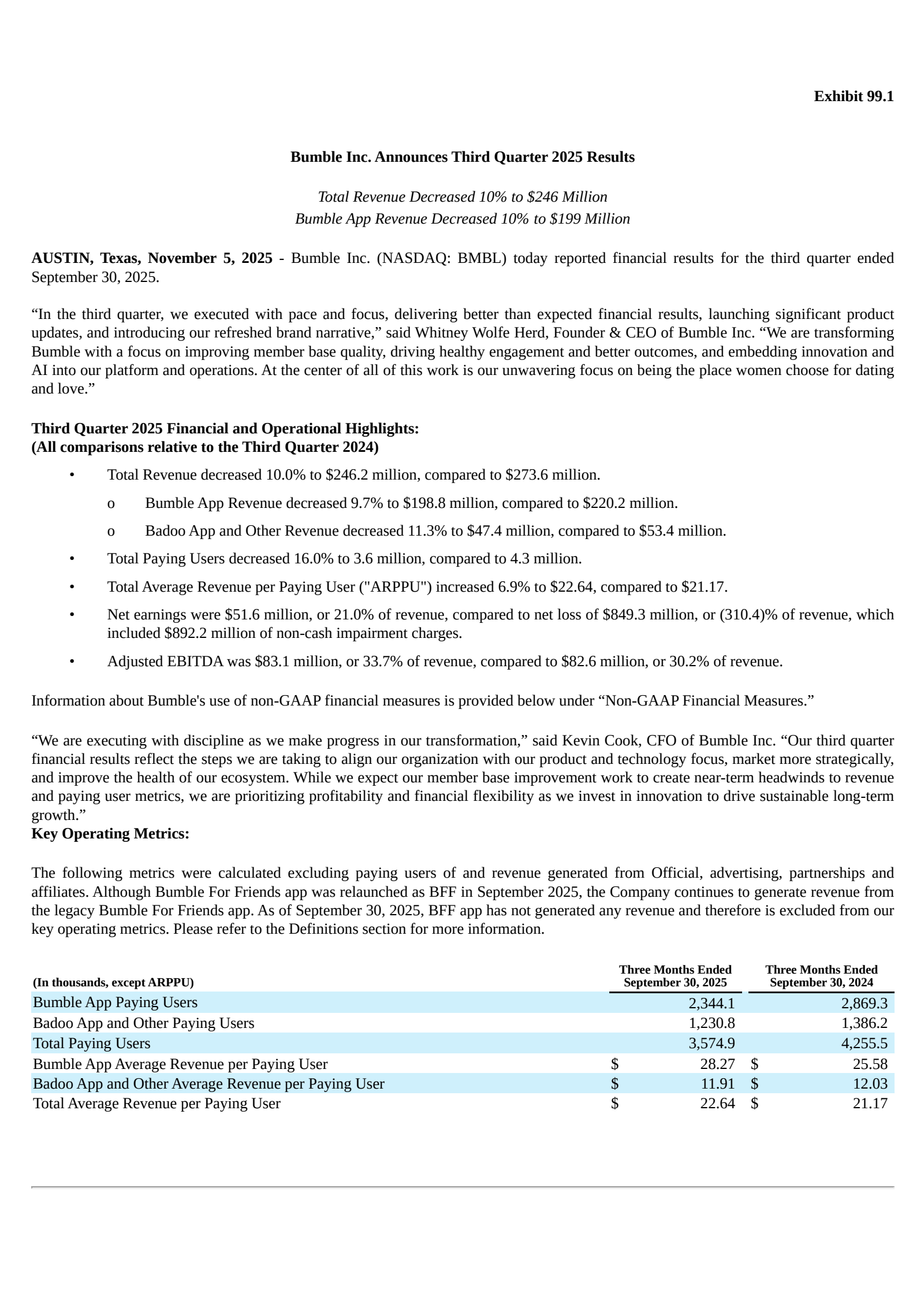 Bumble's Q3 2025 Earnings Release