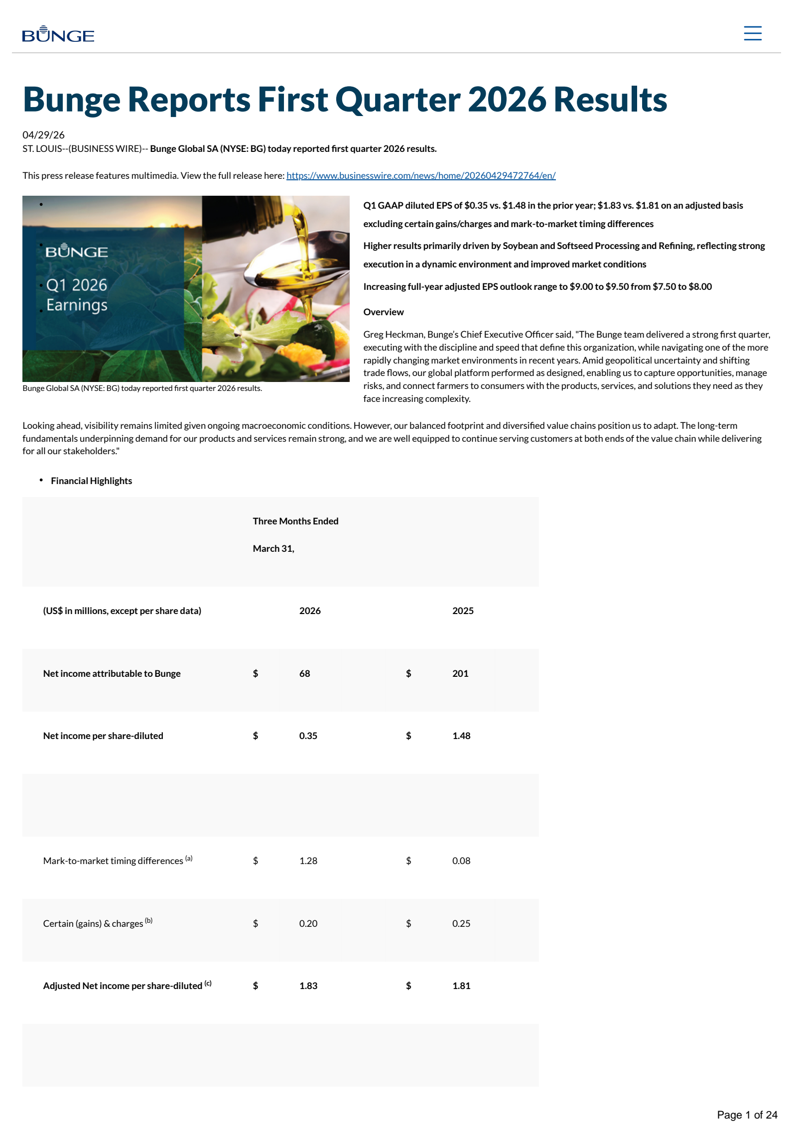 Bunge Global's Q1 2026 Press Release