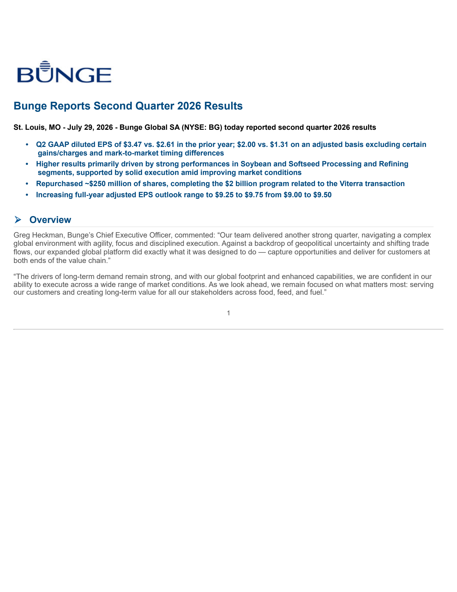 Bunge Global's Q2 2026 Press Release