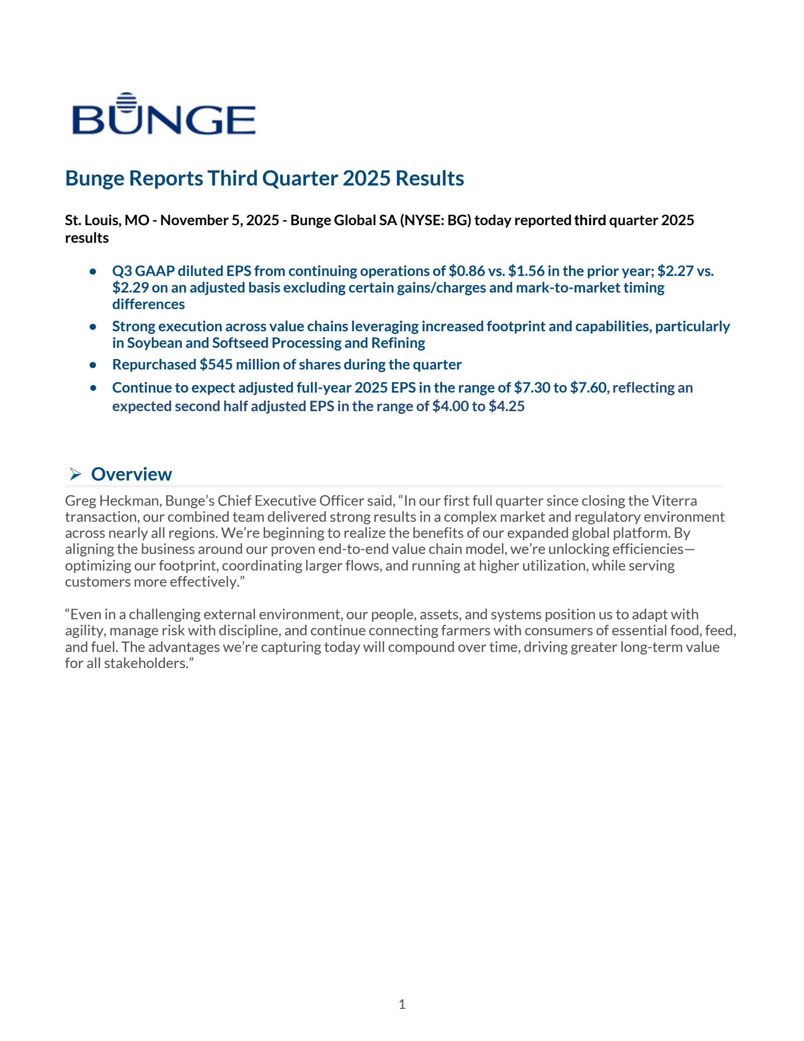 Bunge Global's Q3 2025 Earnings Release