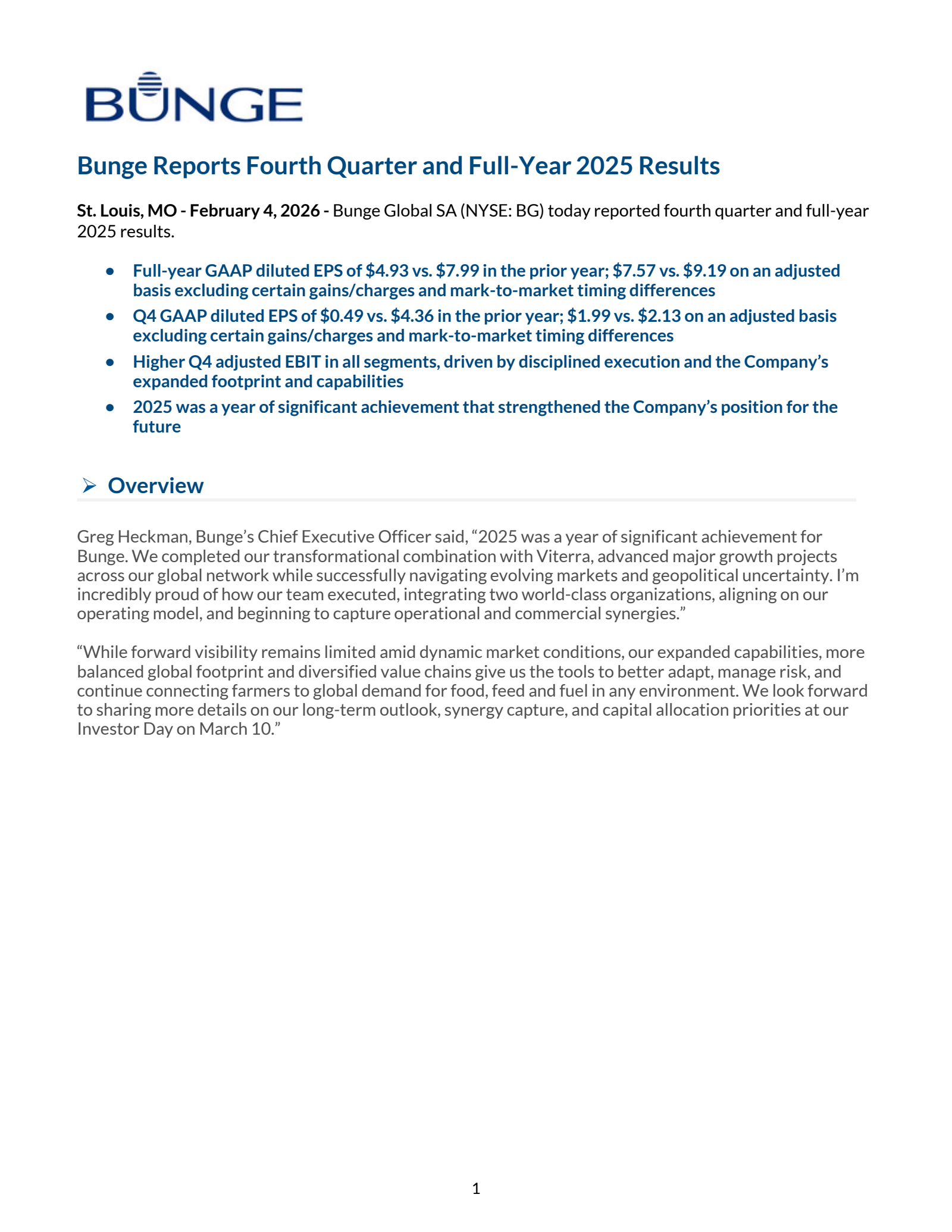 Bunge Global's Q4 2025 Press Release