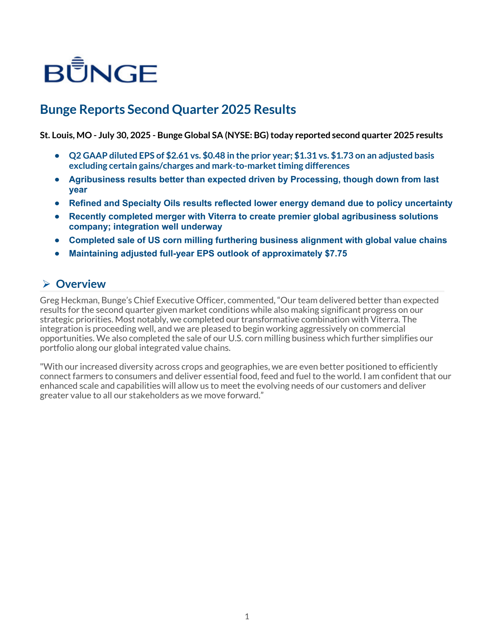 Bunge Global's Q2 2025 Press Release