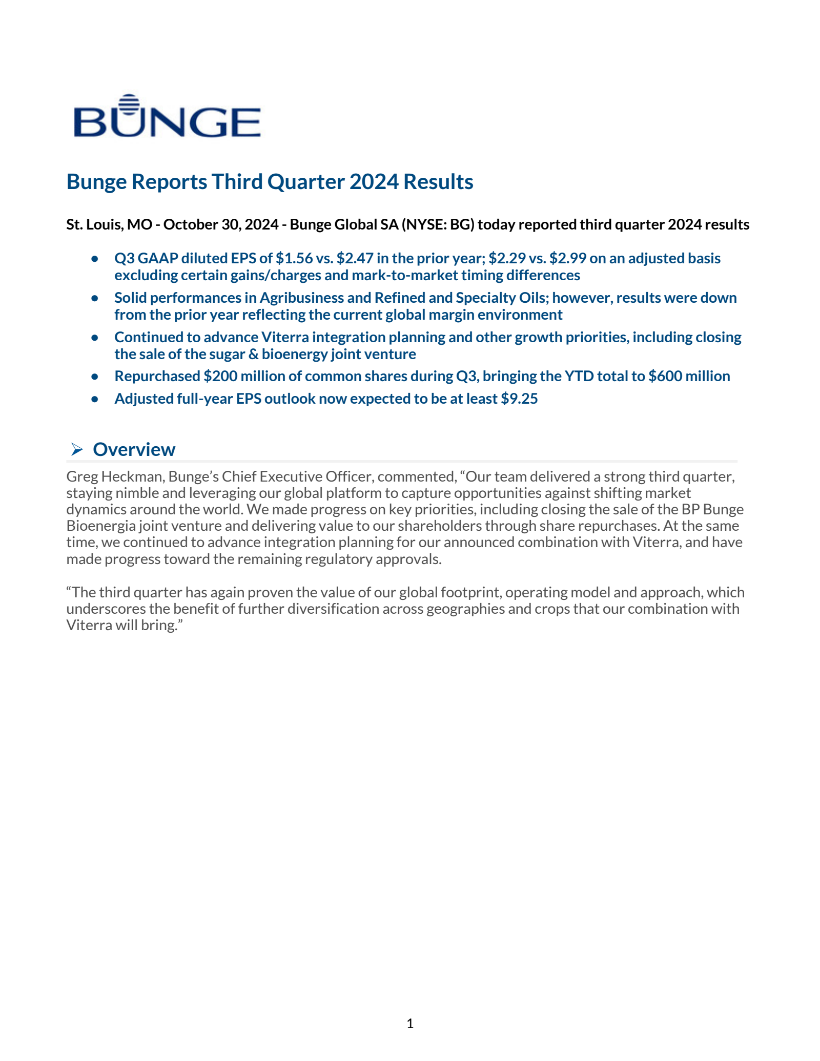 Bunge Global's Q3 2024 Press Release